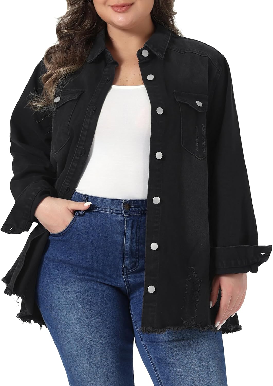 Women's Plus Size Washed Black Distressed Long Denim Jacket