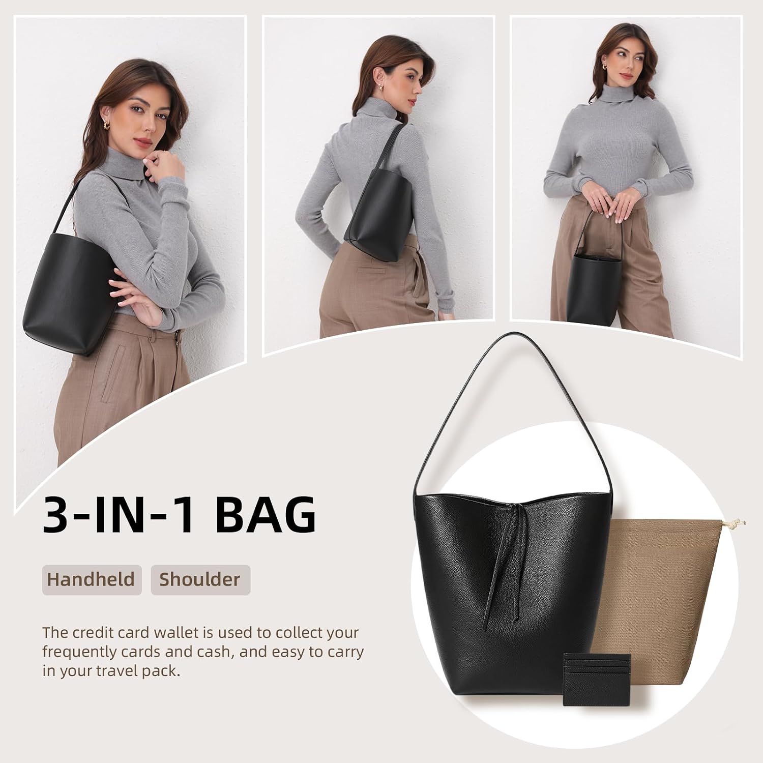 Women's Genuine Leather Bucket Tote Bag Black