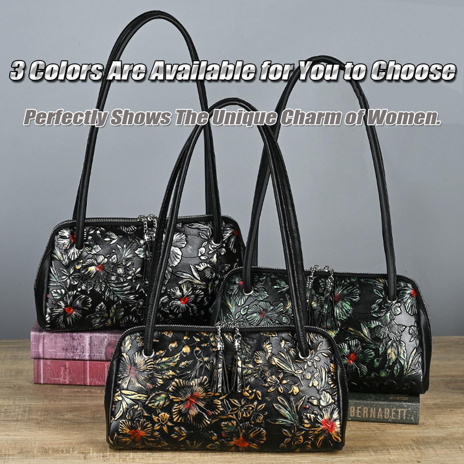 Women's Floral Tooled Cowhide Shoulder Handbag Black