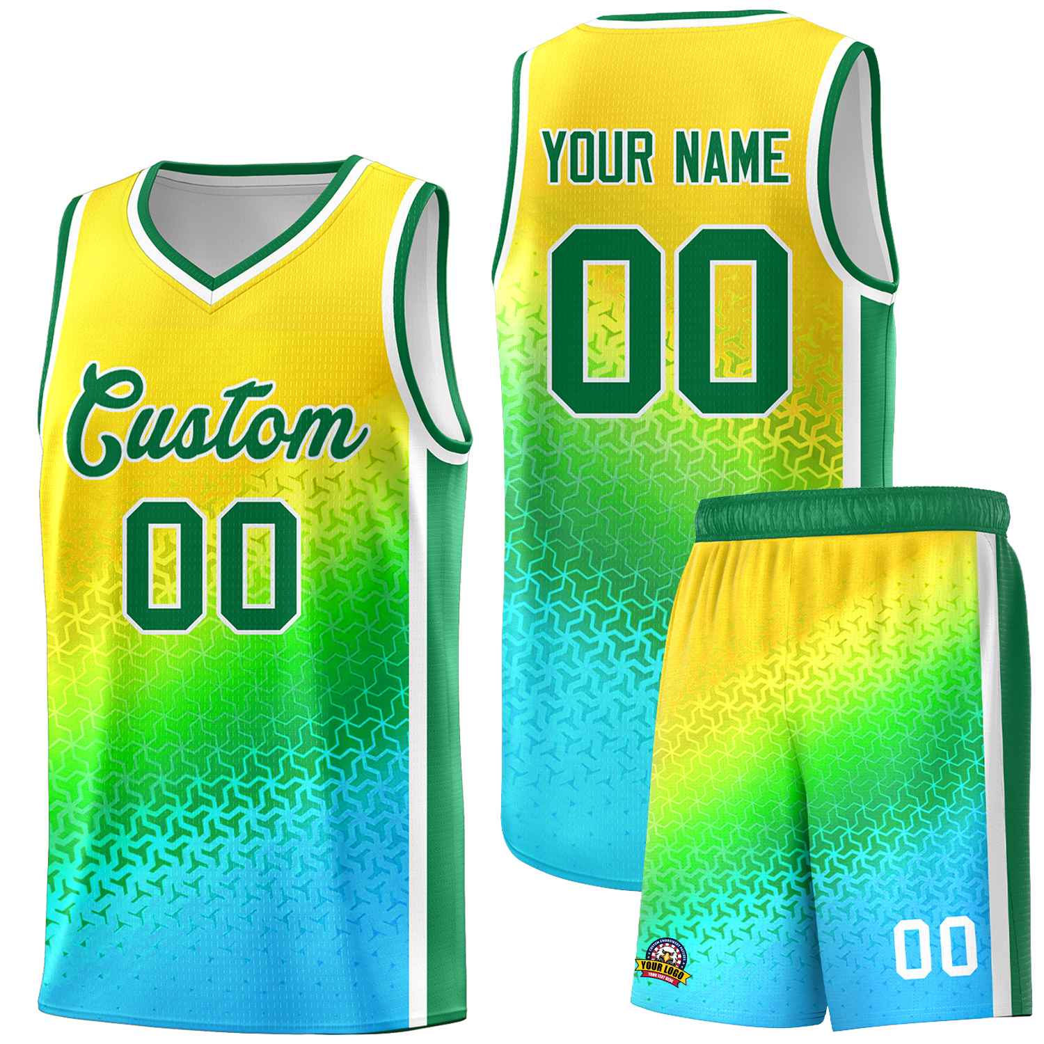 Benutzerdefiniertes Gold-Hellgrün-Himmelblau-Farbverlaufsdesign, unregelmäßige Formen, Muster, Sportuniform-Basketballtrikot