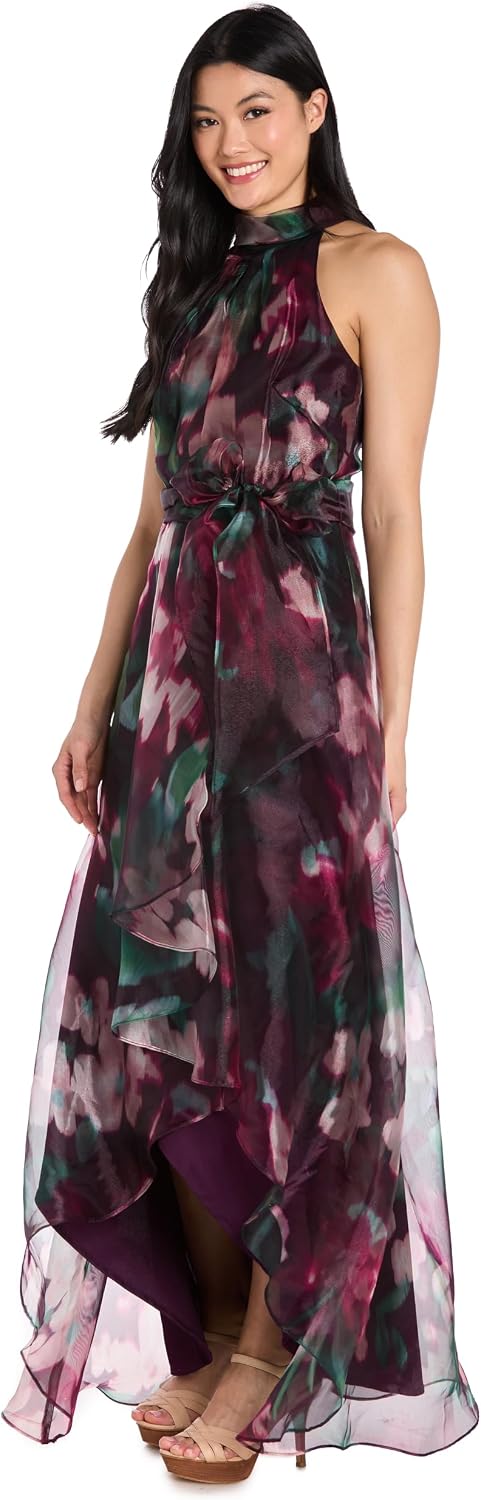 Women's Floral High Neck Gown W\ Hi-Lo Skirt Waist Sash - Spring Wedding Guest Cocktail Party Sleeveless Dress