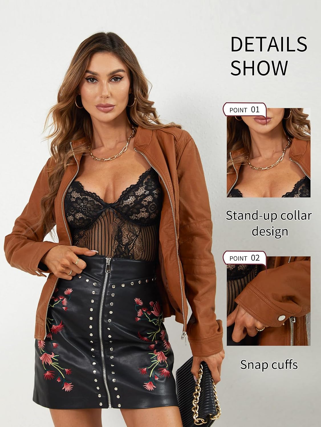 Faux Leather Jacket Women Motorcycle Zipper Stand Collar Bomber PU Bike Coat with Pockets