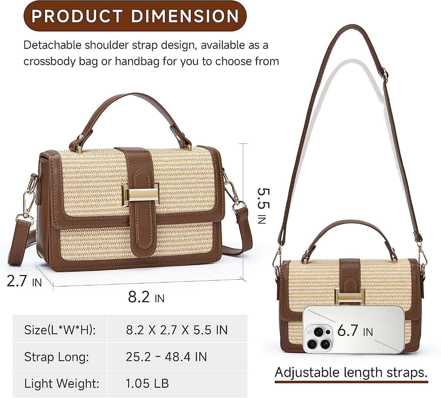 Women's Straw Woven Crossbody Bag with Top Handle Brown