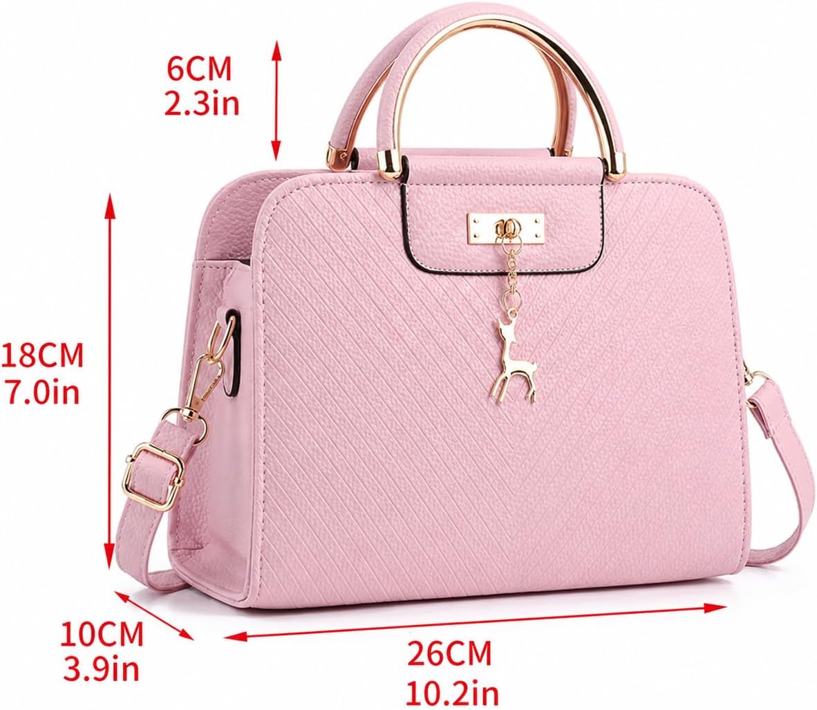 Women's Quilted Top Handle Satchel Bag Deer Charm Pink Women's Quilted Top Handle Satchel Bag Deer Charm Pink