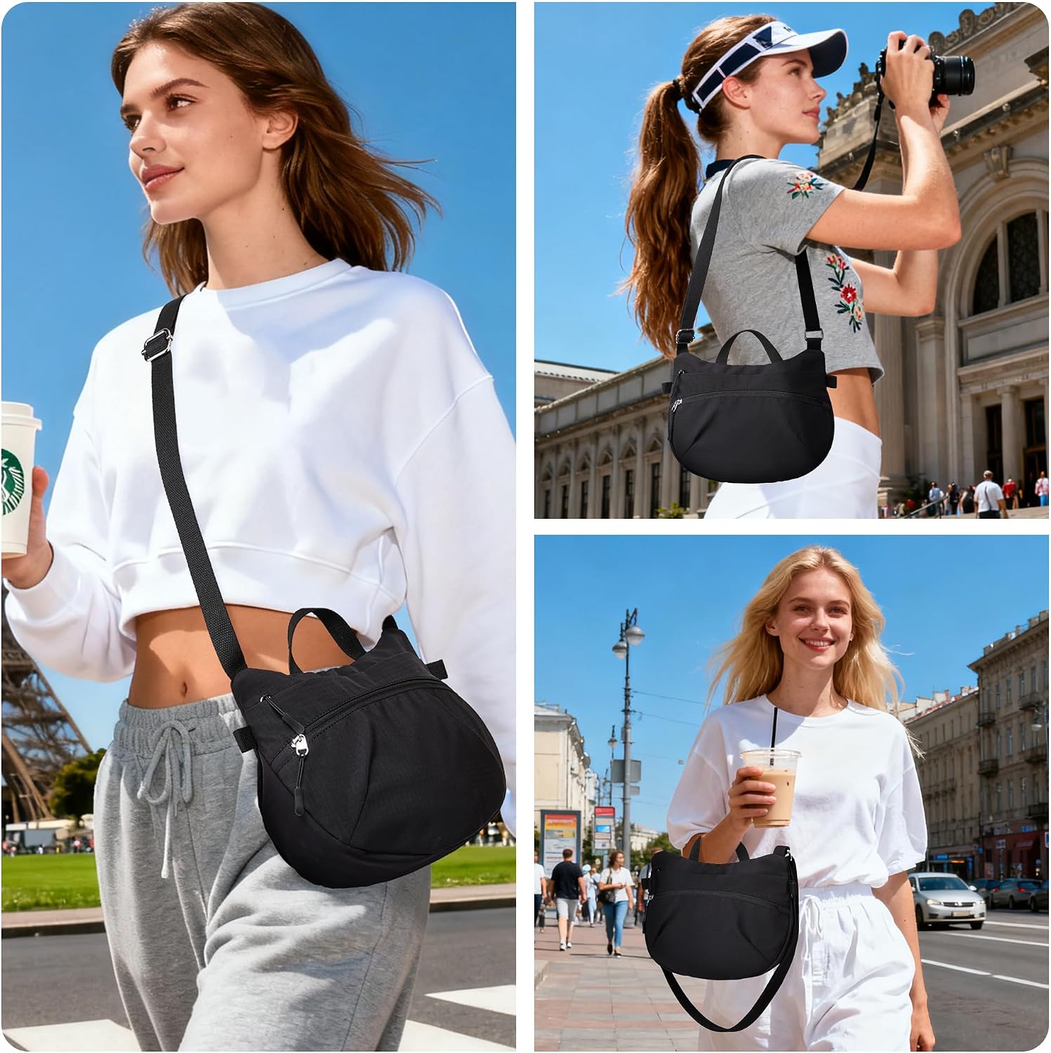 Women's Nylon Crescent Crossbody Bag Packable Travel Purse Black