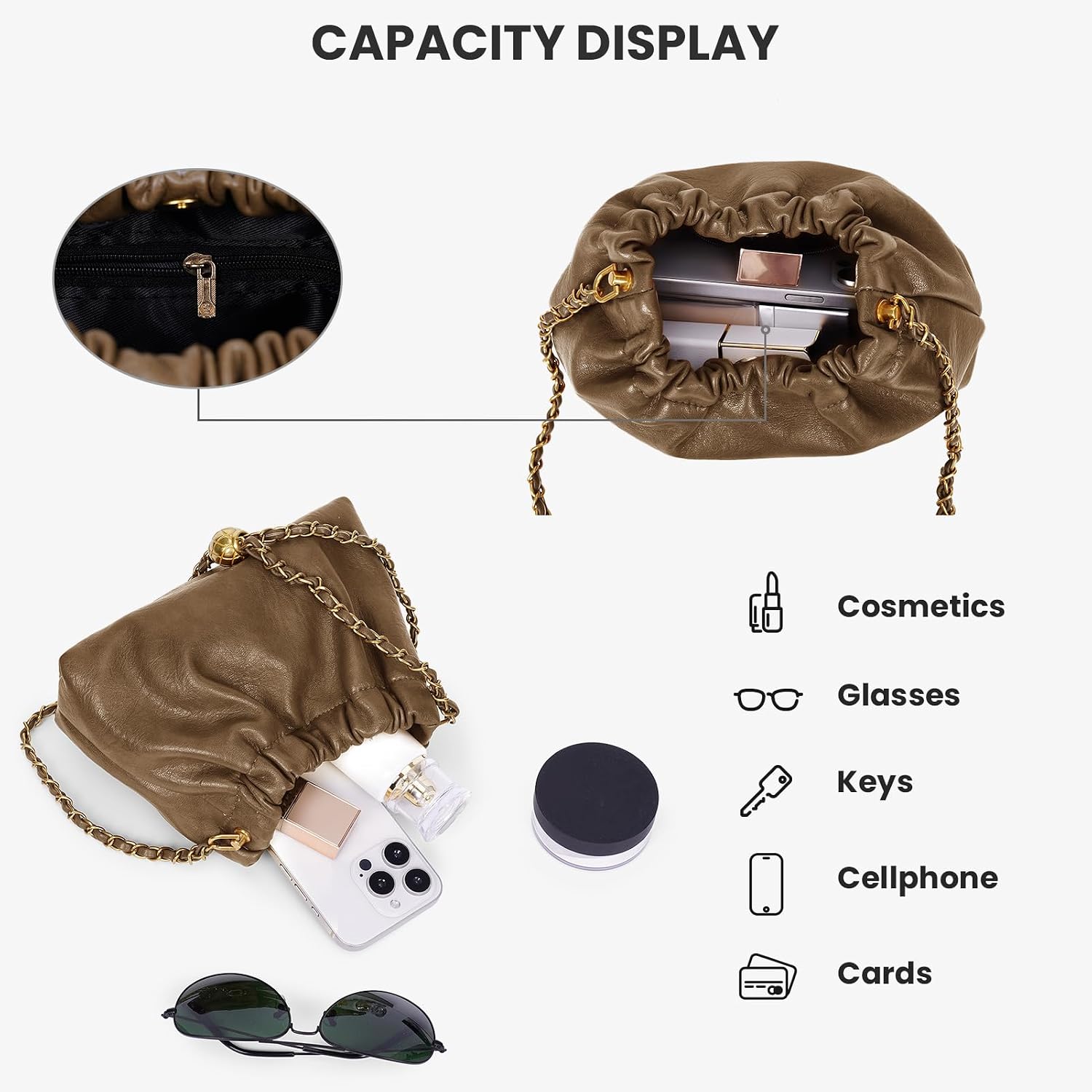 Women's Faux Leather Drawstring Bucket Bag with Chain Strap