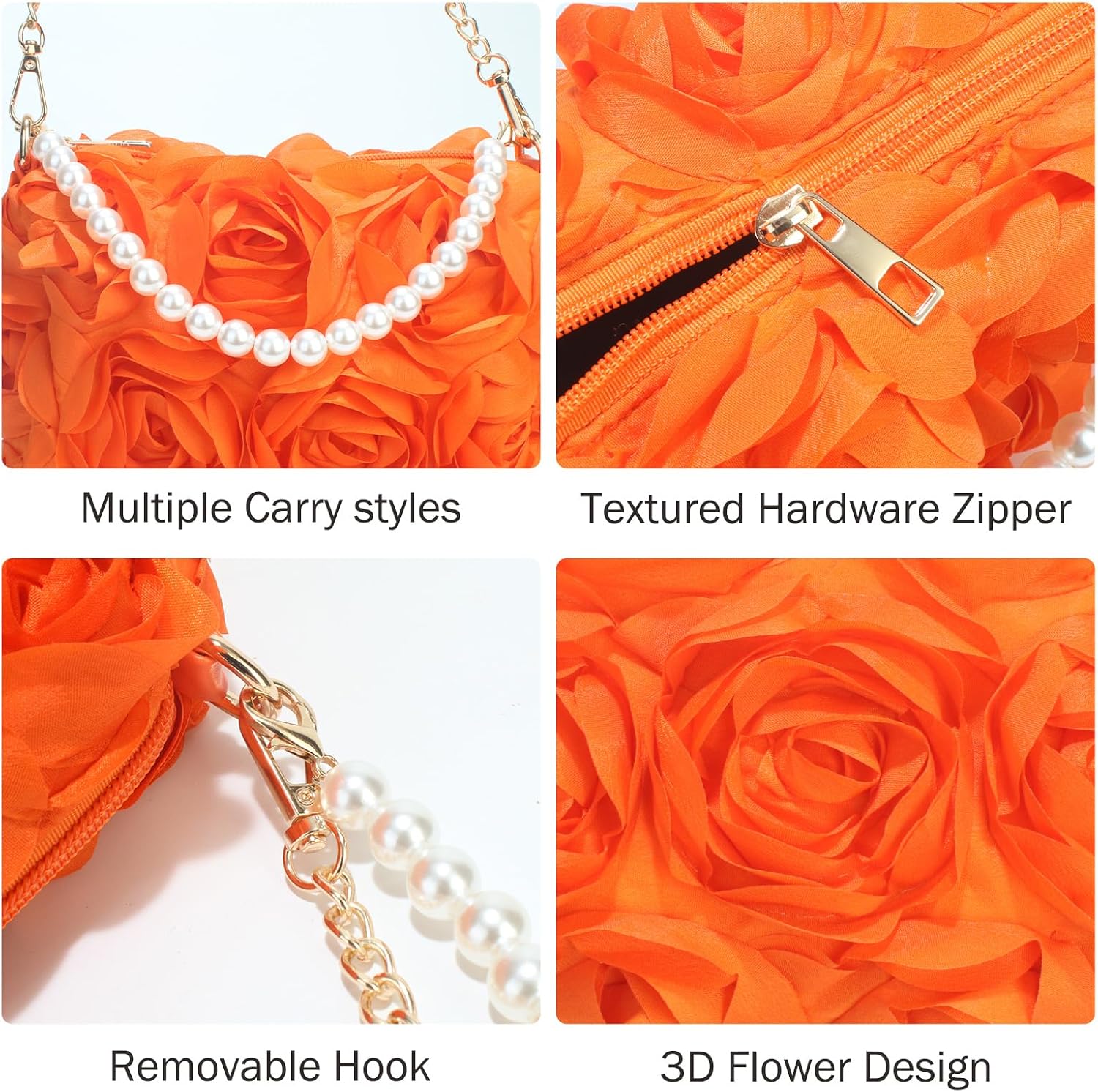Women's Orange 3D Flower Clutch with Pearl Handle
