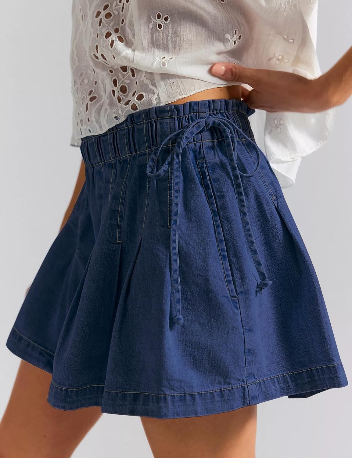 Jean Shorts Womens Elastic High Waisted Wide Leg Pleated Denim with Pockets Bow Summer Jorts for Women