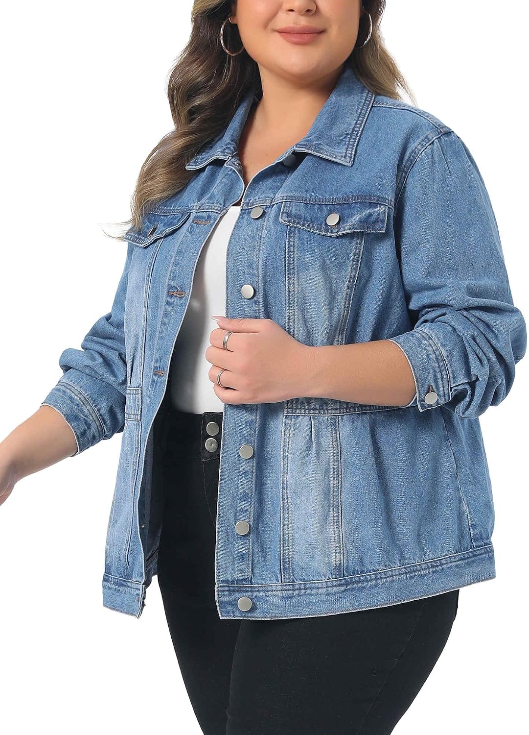Women's Plus Size Washed Denim Jacket Snap Button