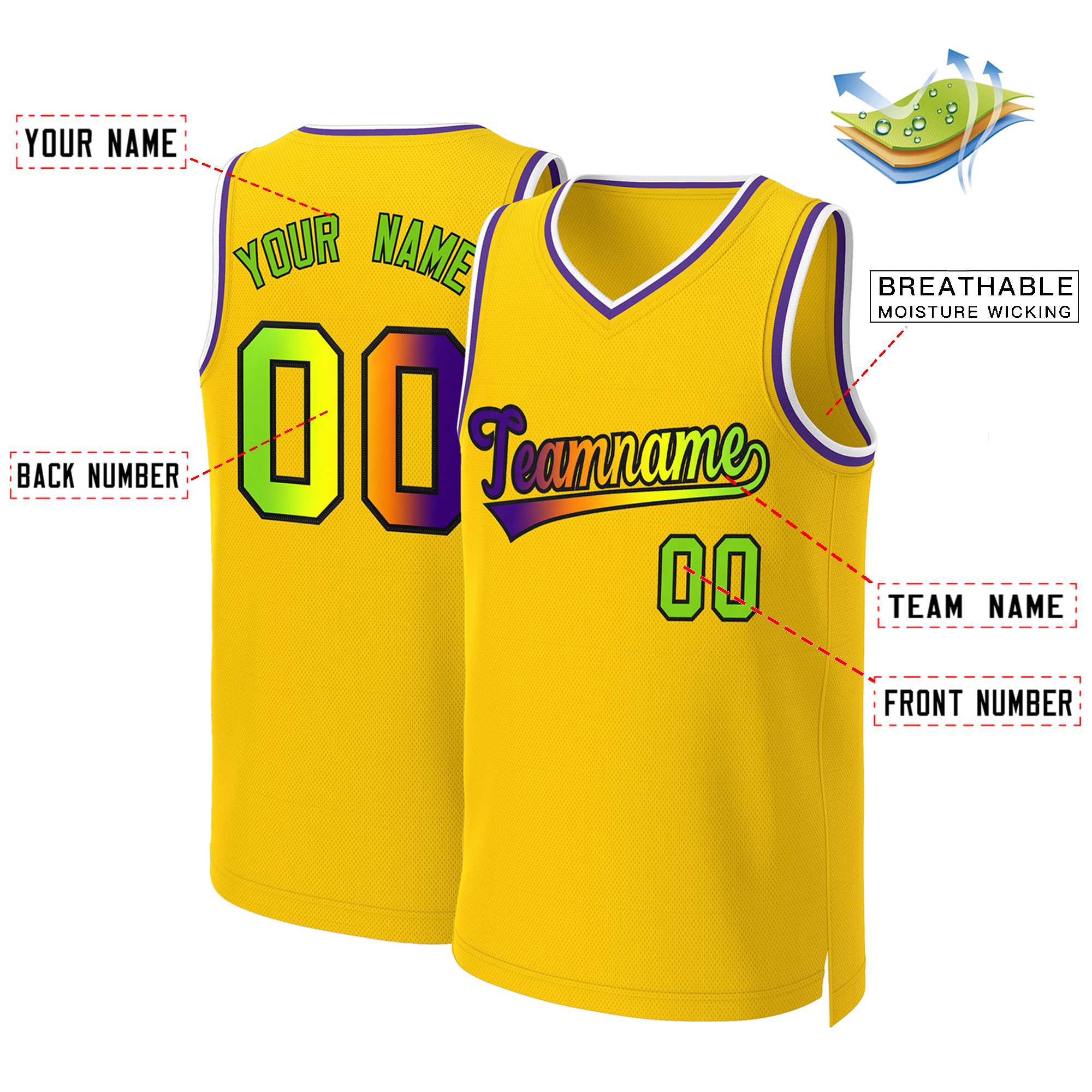 Benutzerdefiniertes Basketballtrikot mit klassischem Farbverlauf und modischen Oberteilen