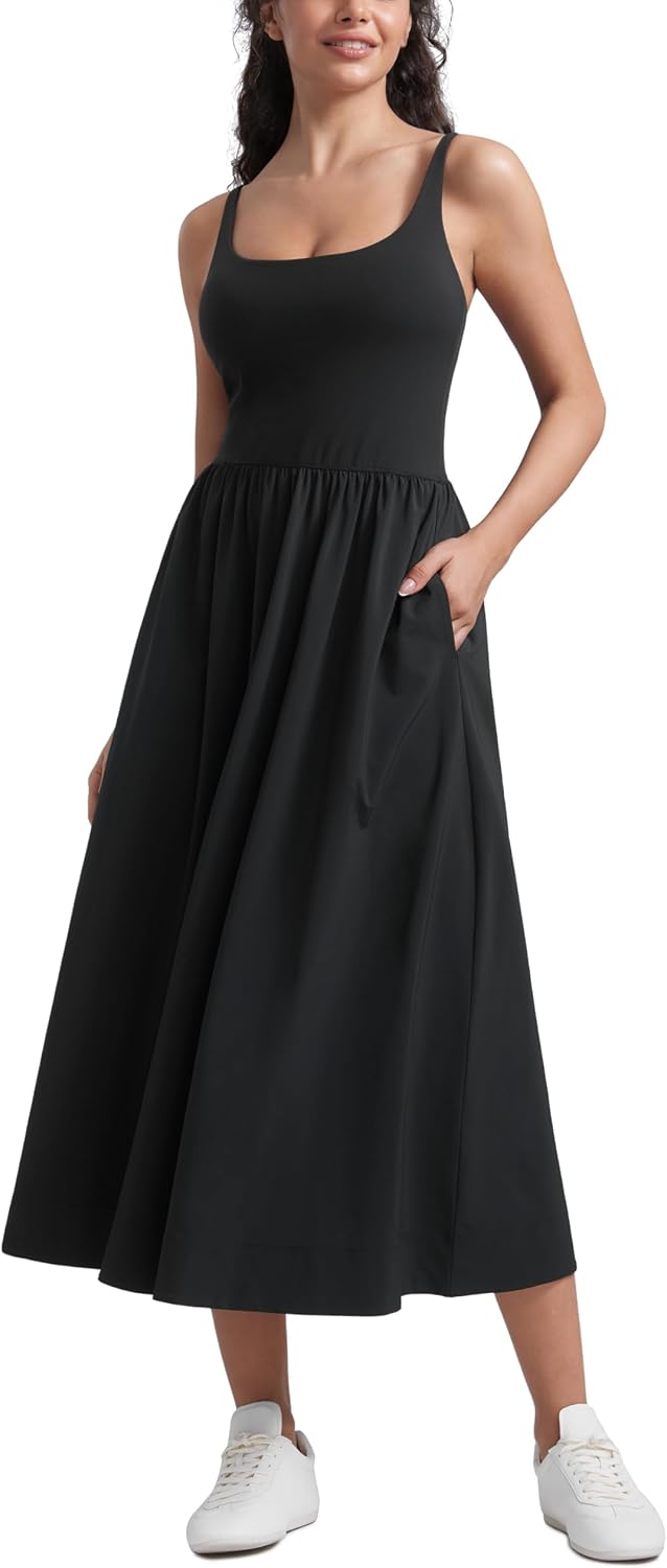 Women's Scoop Neck Maxi Dress Flowy Black with Pockets