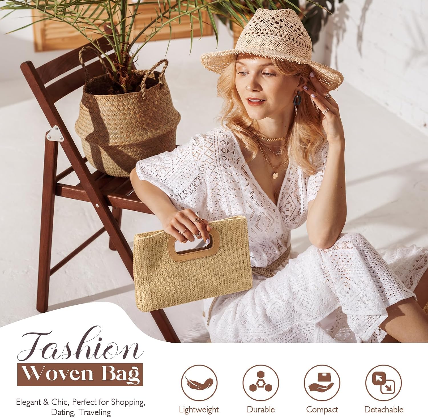 Women's Straw Clutch Purse Woven Cutout Handle Summer Bag Women's Straw Clutch Purse Woven Cutout Handle Summer Bag