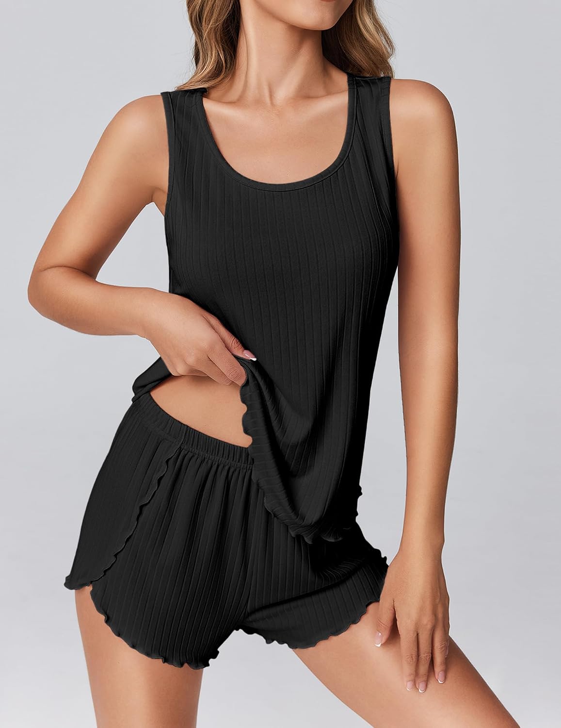 Women's Sleeveless Tank and Shorts Pajama Set Ruffle Trim Women's Sleeveless Tank and Shorts Pajama Set Ruffle Trim