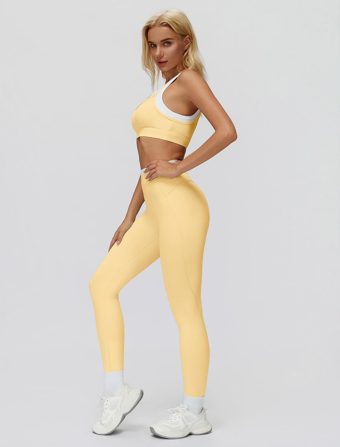 Women's Square Neck Sports Bra Leggings Set Butter Yellow