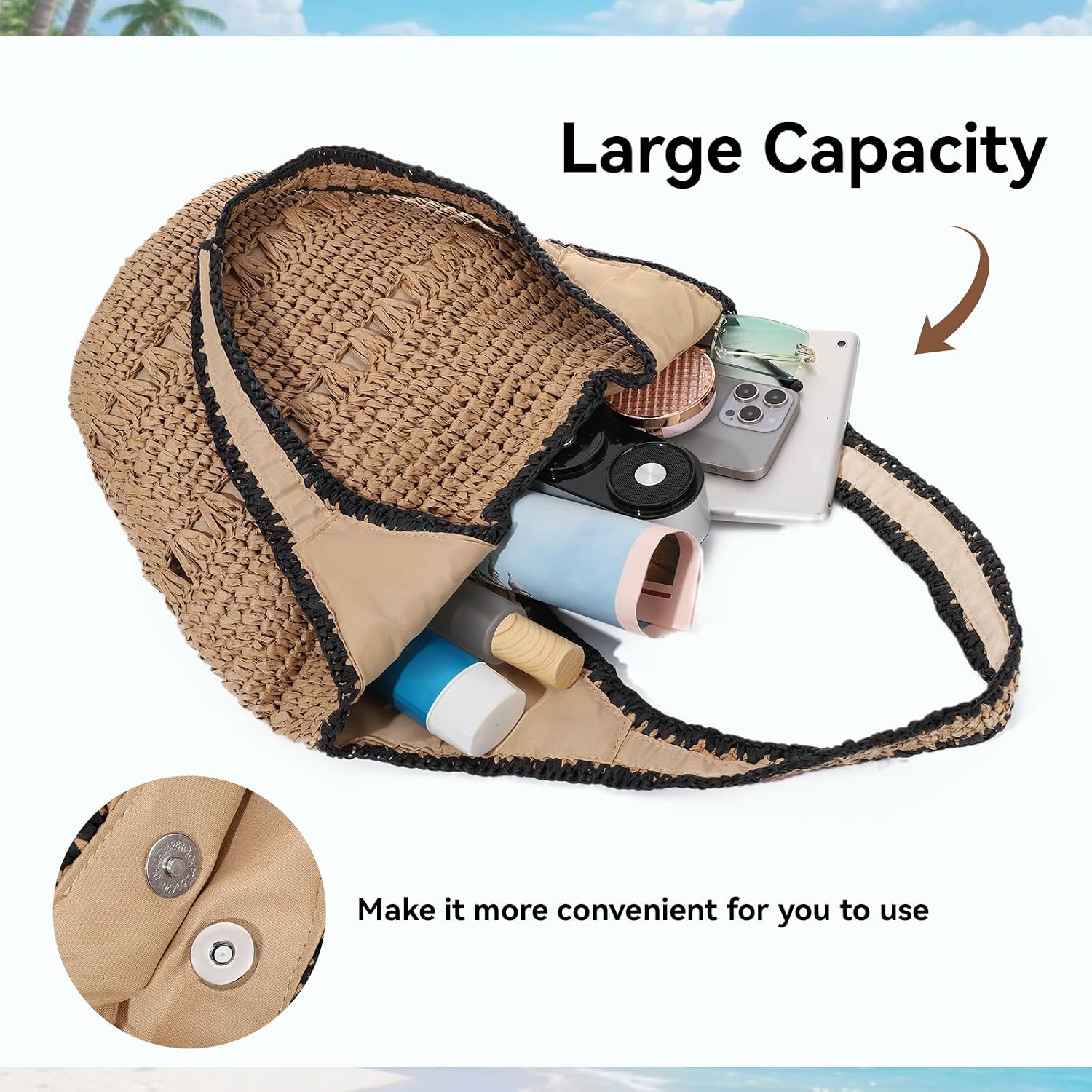 Women's Two-Tone Straw Tote Bag Beige Black Women's Two-Tone Straw Tote Bag Beige Black