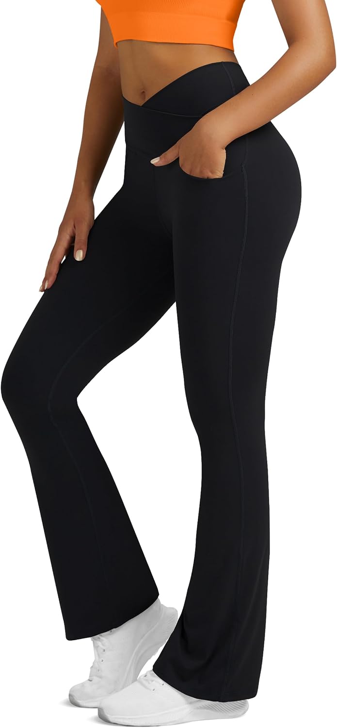 Women's Crossover Waist Flare Leggings with Pockets (Black)