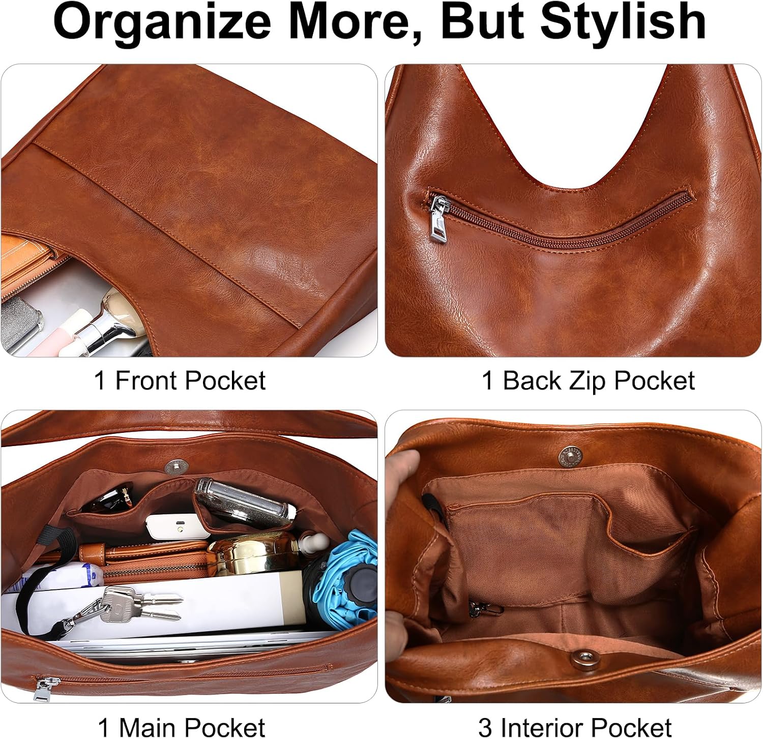 Women's Brown Vegan Leather Hobo Tote Bag Key Leash
