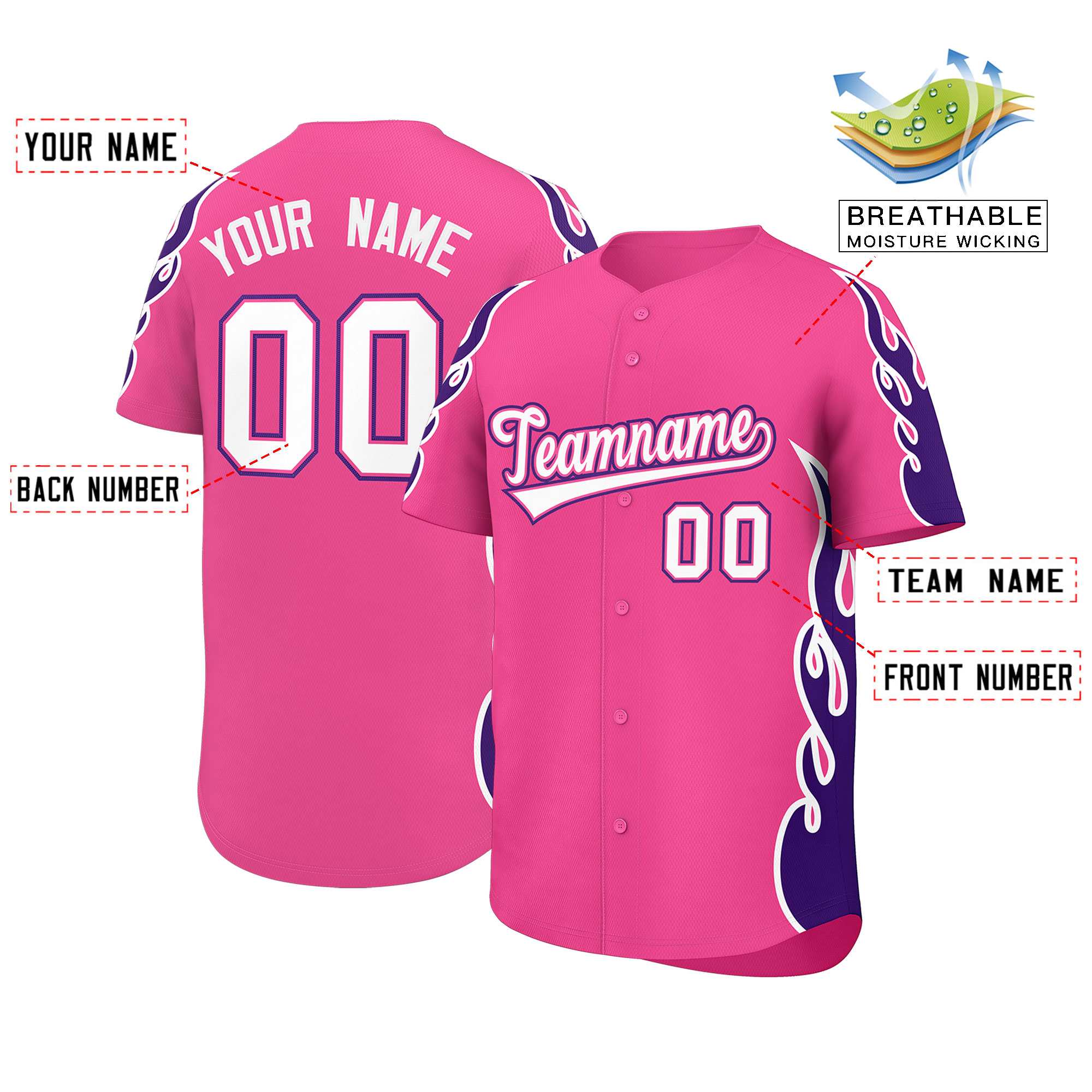 Benutzerdefiniertes Baseball-Trikot mit Seitenflammen-Umrissmuster für Sportuniformen