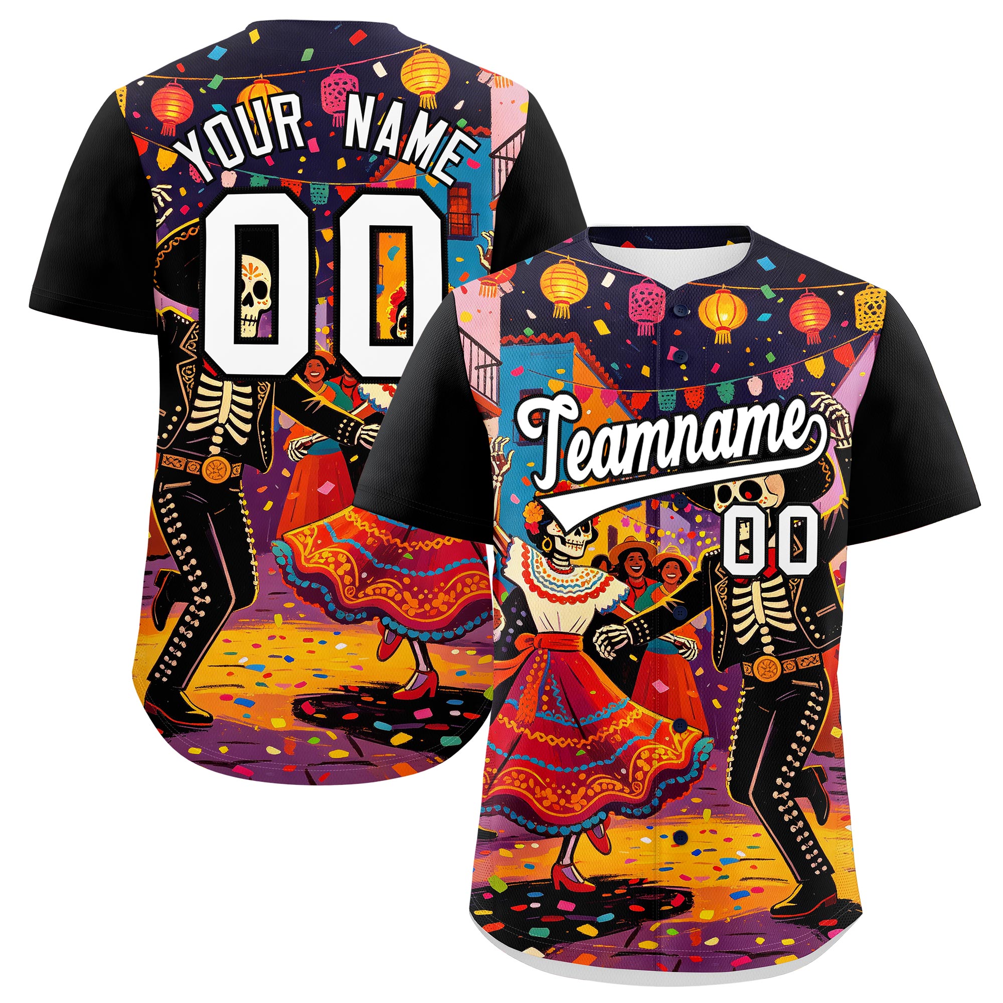 Benutzerdefiniertes Baseball-Trikot aus Stretchstoff mit Graffiti-Muster im mexikanischen Stil Benutzerdefiniertes Baseball-Trikot aus Stretchstoff mit Graffiti-Muster im mexikanischen Stil
