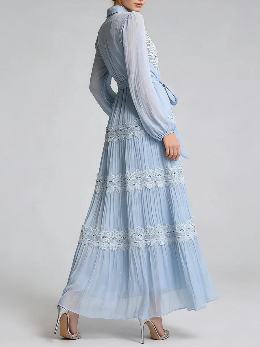 Women's Floral Embroidered Maxi Dress Lapel Long Sleeve Pink