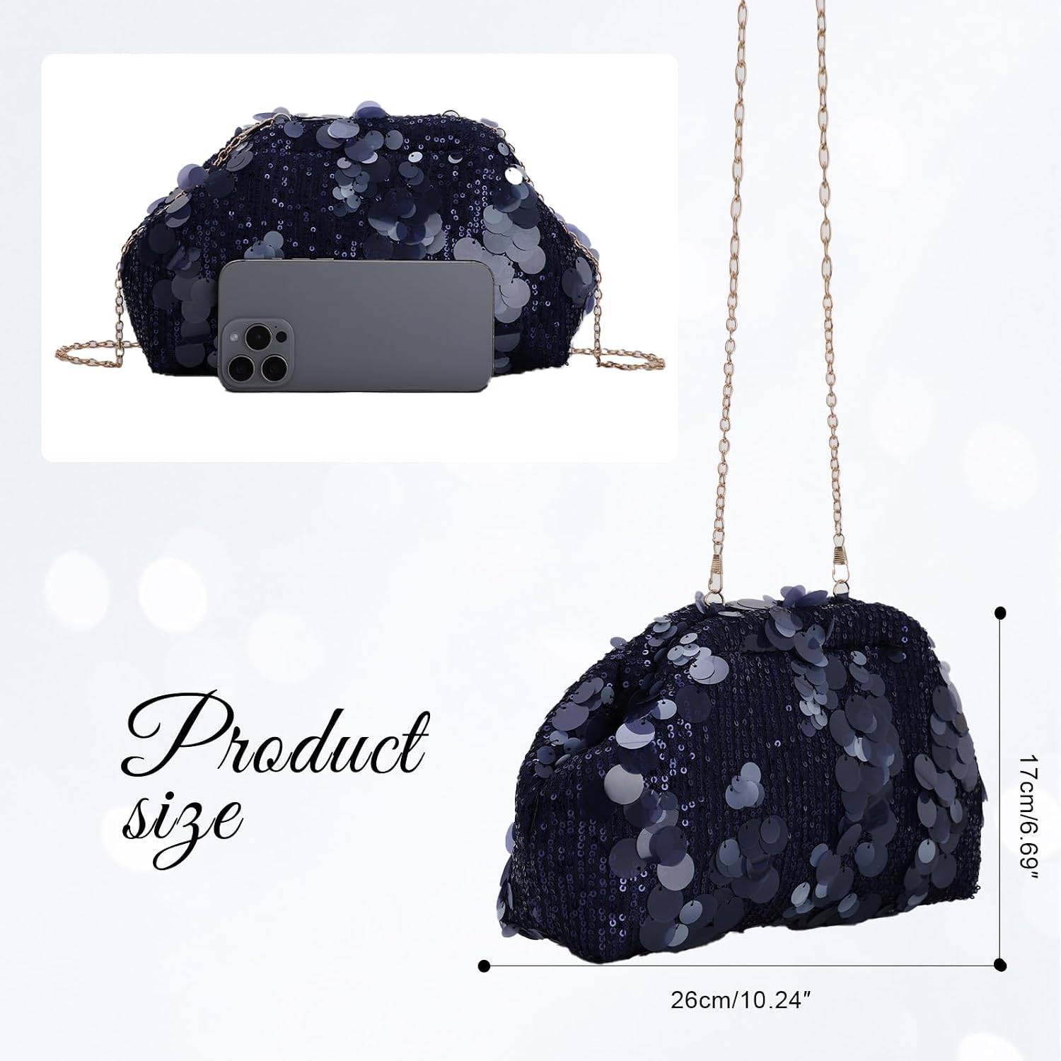 Women's Navy Sequin Dumpling Clutch with Detachable Chain Strap