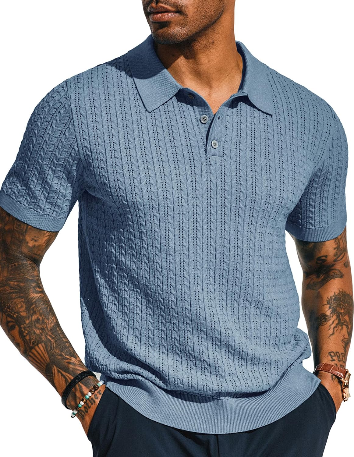 Men's Cable Knit Polo Shirt Short Sleeve Blue