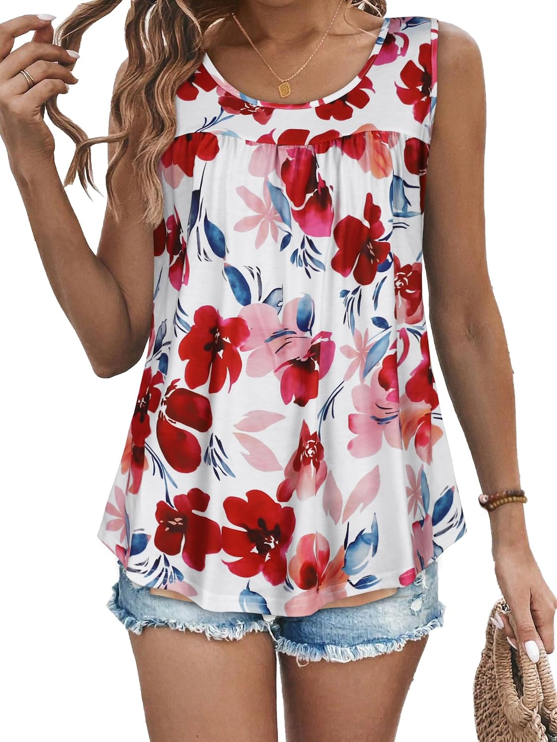Women's Floral Print Sleeveless Flowy Tank, White