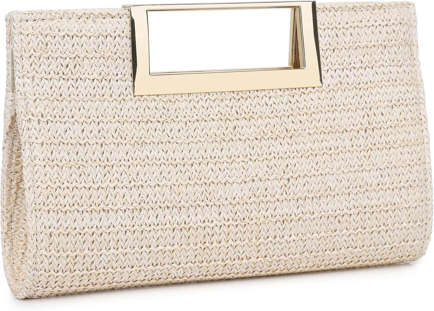 Women's Straw Clutch Woven Evening Purse with Gold Frame