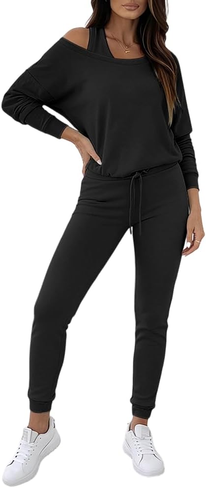 Women's 3 Piece Sweatsuit Ribbed Lounge Set Black