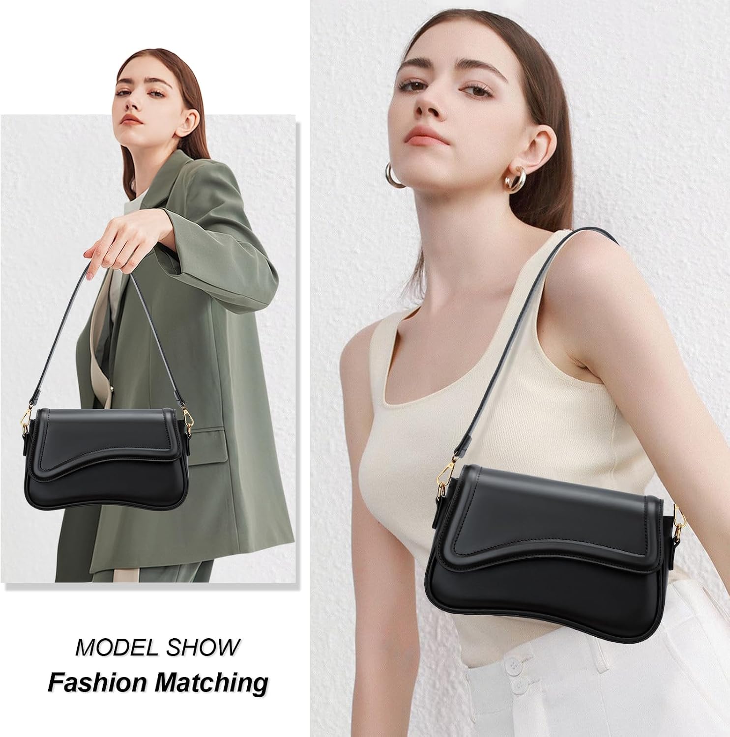 Women's Black PU Saddle Shoulder Bag Gold Buckle
