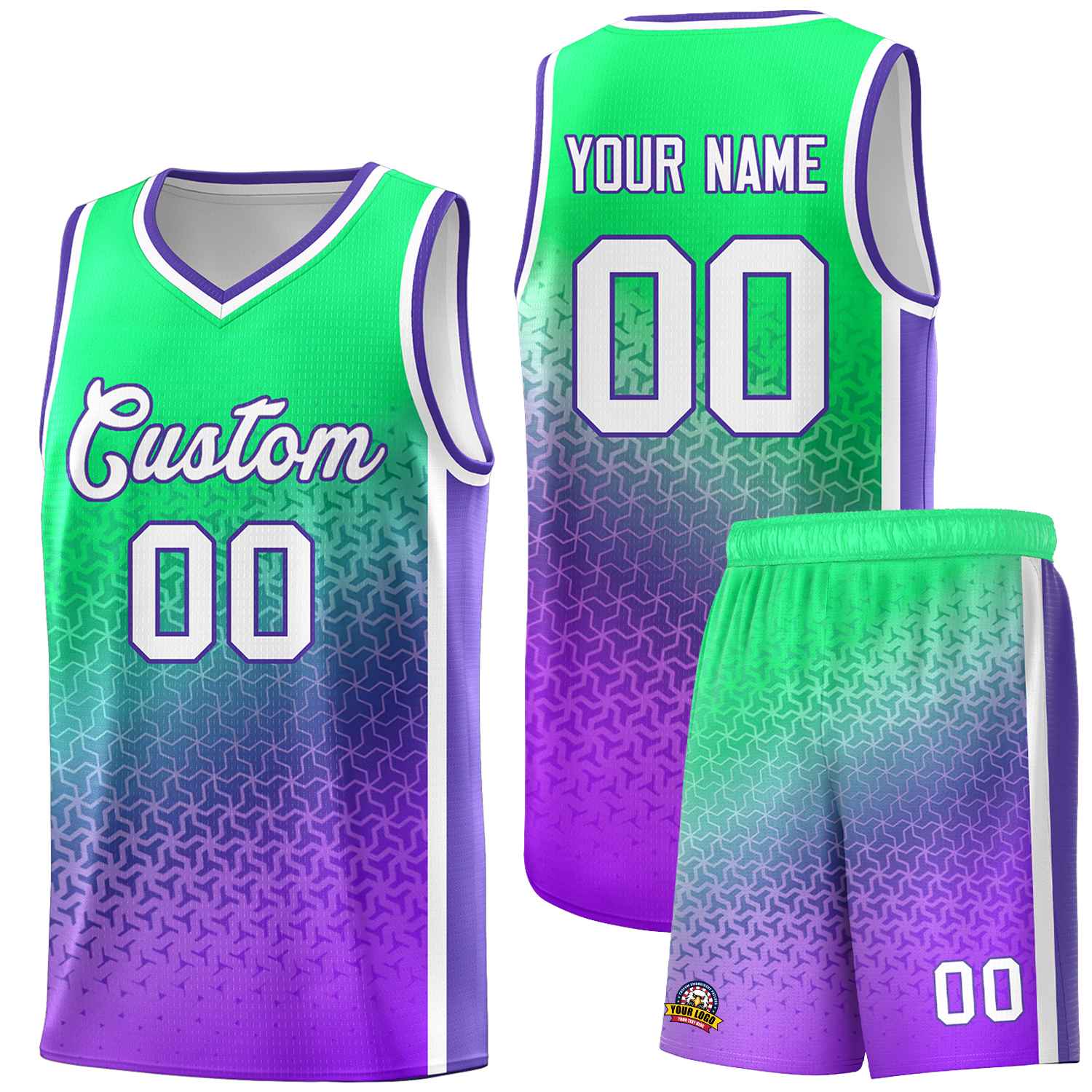 Benutzerdefinierte fluoreszierende grün lila Farbverlauf Design unregelmäßige Formen Muster Sport Uniform Basketball Jersey