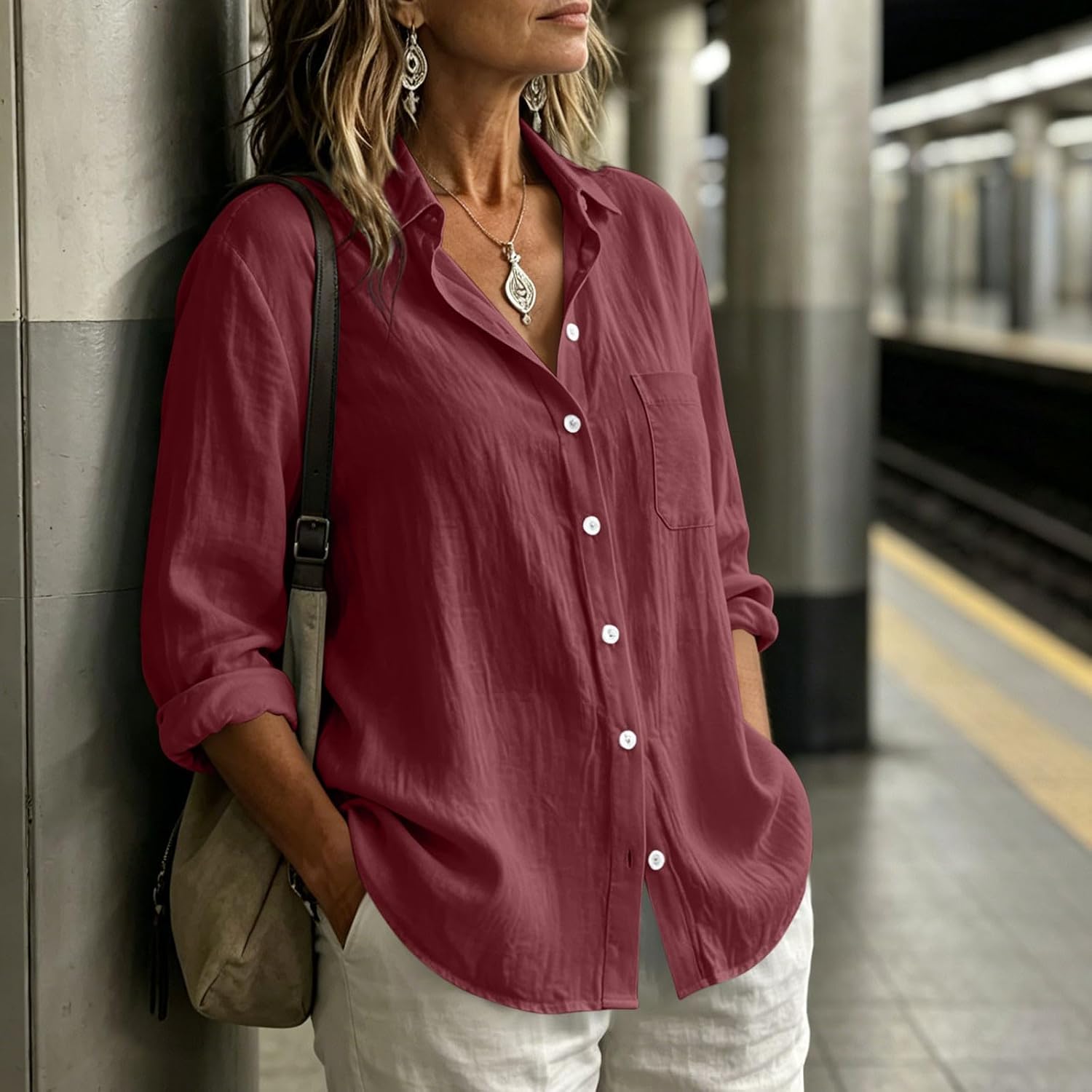 Womens Button Down Dress Shirts Fall Cotton Linen Textured Shirt Jacket Long Sleeve Collared Work Tops with Pocket