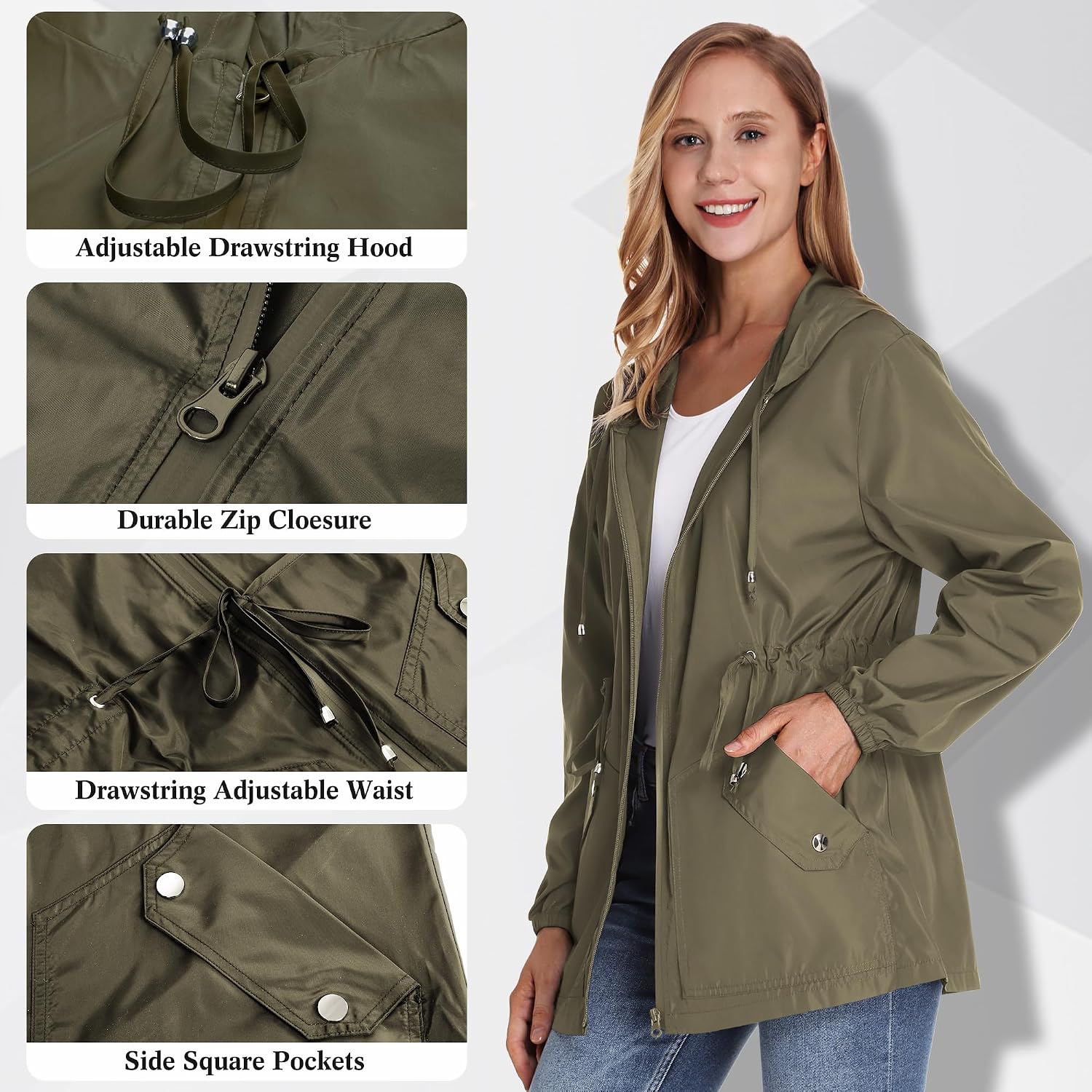 Women's Long Hooded Rain Jacket Waterproof Army Green