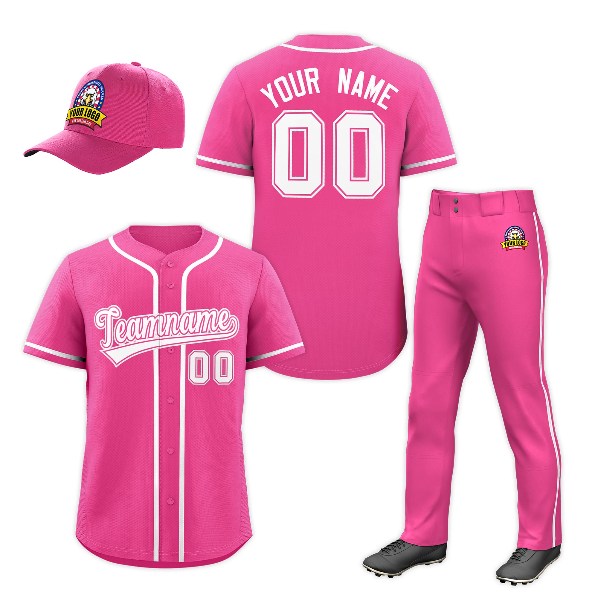 Kundenspezifisches rosa-weißes Baseball-Uniform-Jersey-Hosen-Hut-Paket im klassischen Stil für das Team