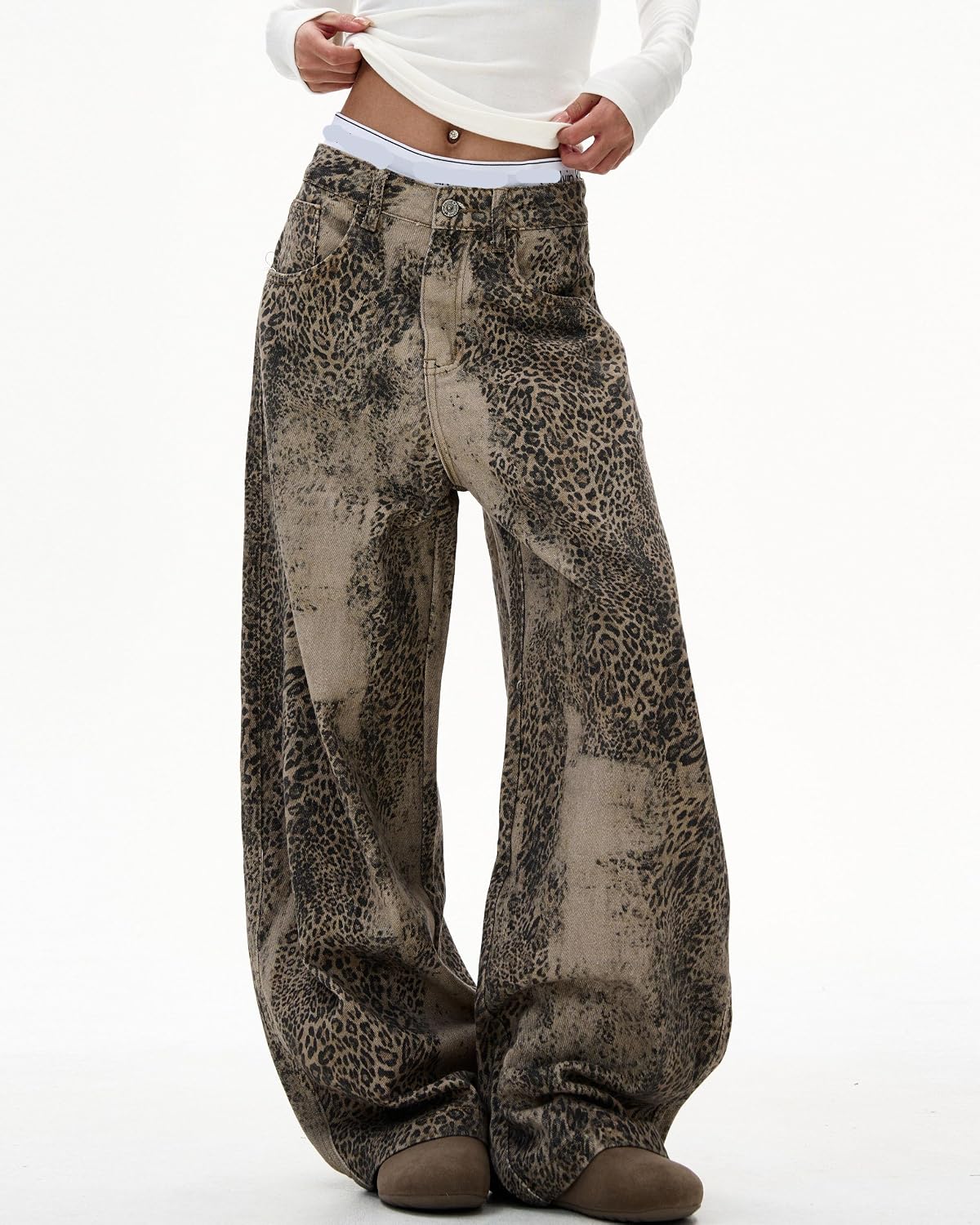 Women's Distressing Leopard Print Wide Leg Jeans High-Street Oversized Baggy Casual Pants