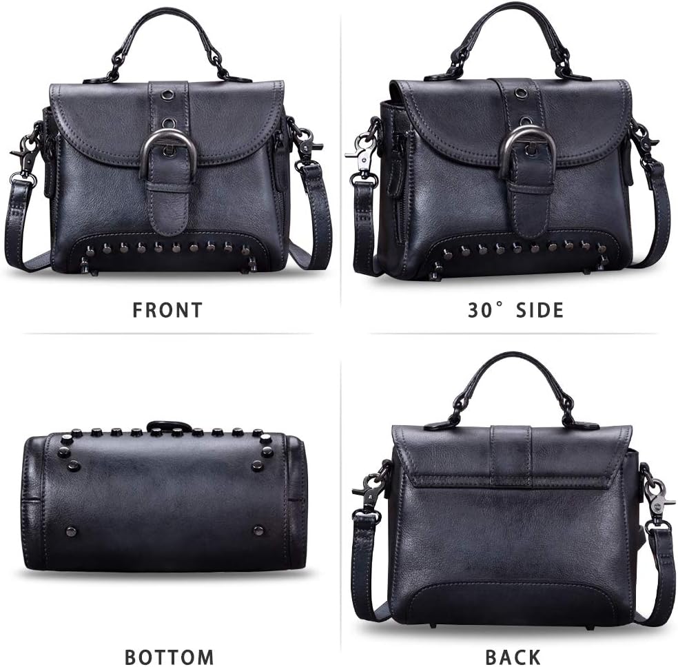 Women's Studded Genuine Leather Flap Satchel Bag Black Women's Studded Genuine Leather Flap Satchel Bag Black