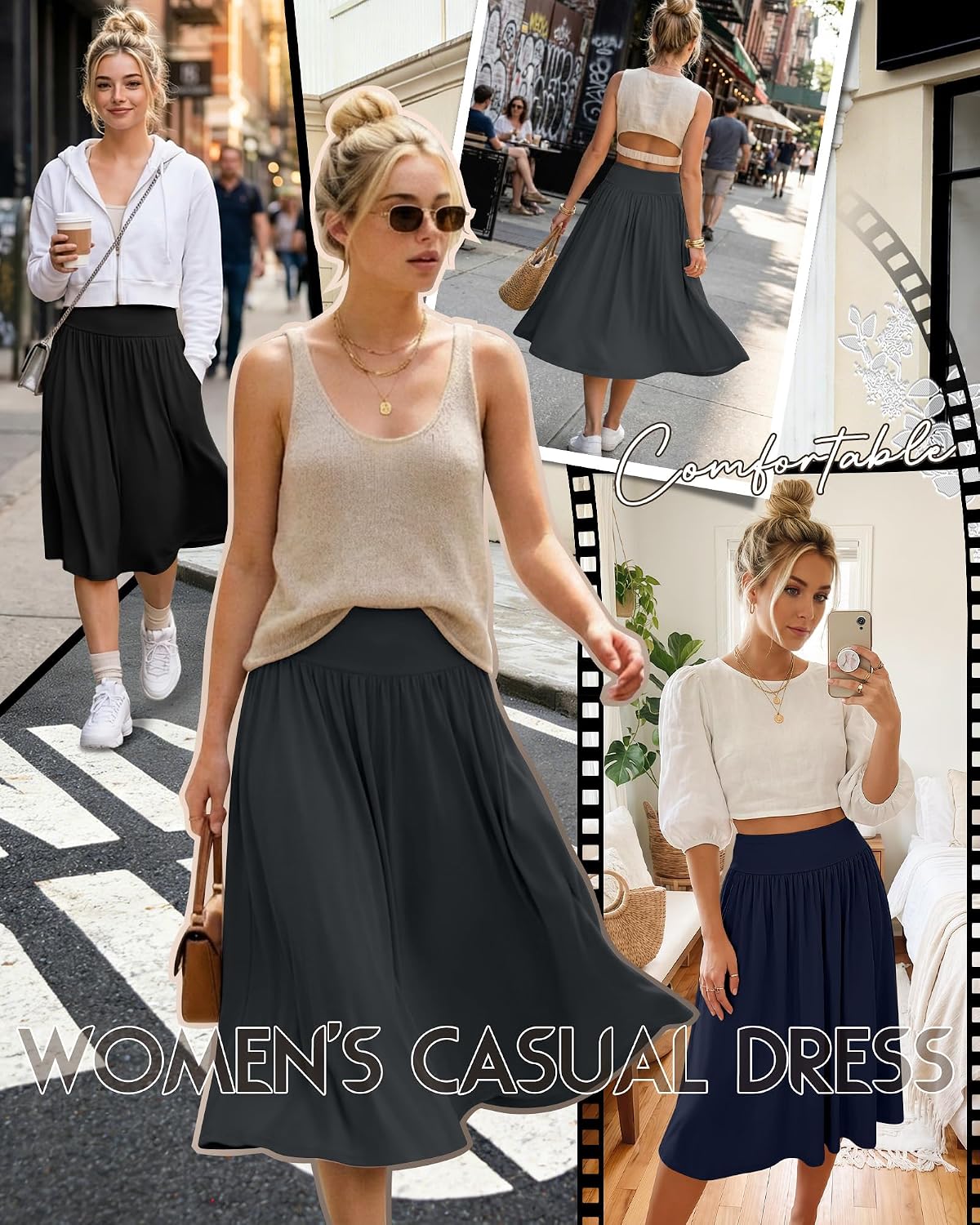 3 Packs Women's Knee Length Casual Skirts with Pockets, Flared High Waisted Midi Pleated Flowy a Line Summer Skirts