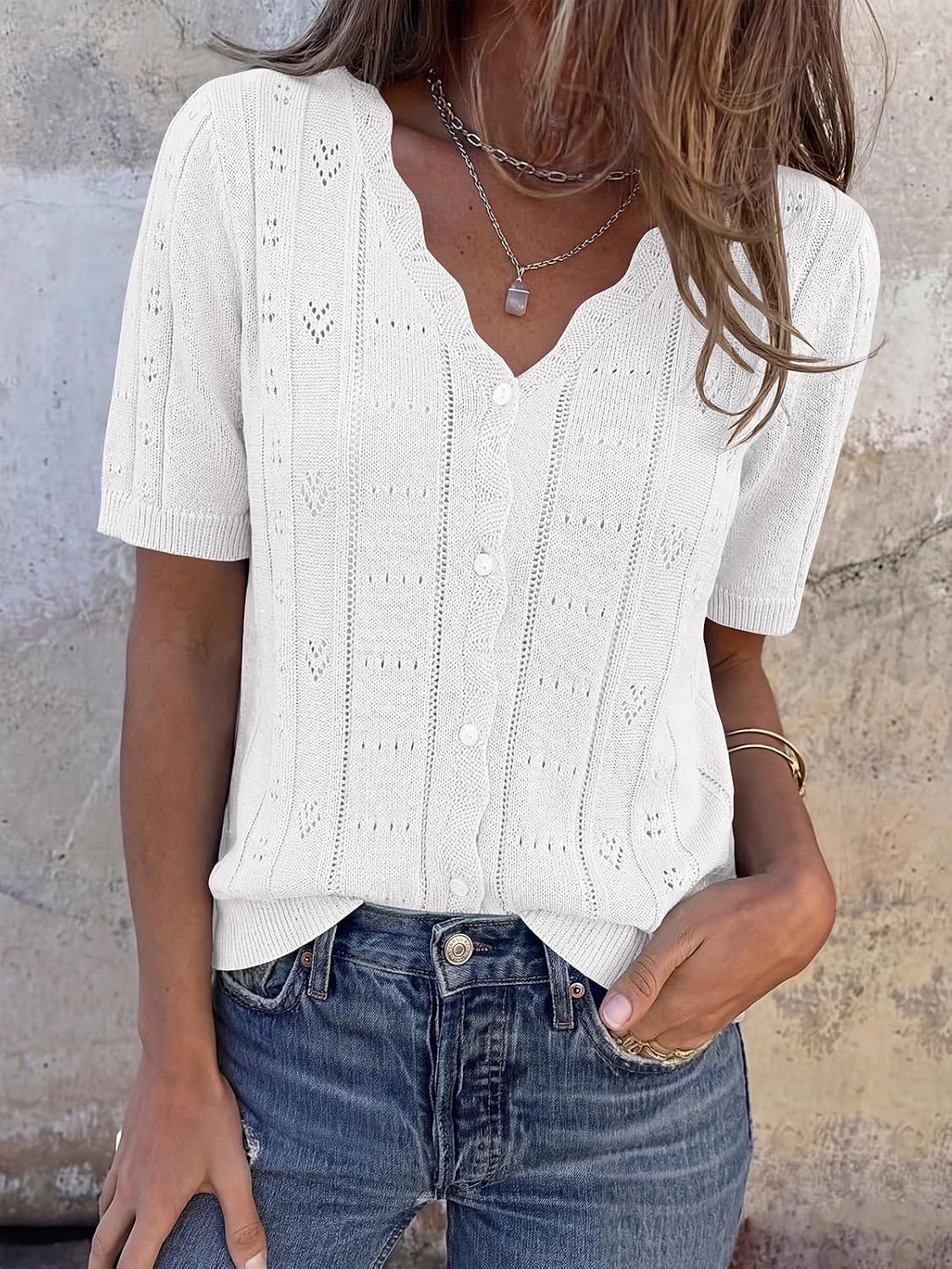 Womens Short Sleeve Crochet Knit Sweater Summer Fashion Button Down Cardigans Tops