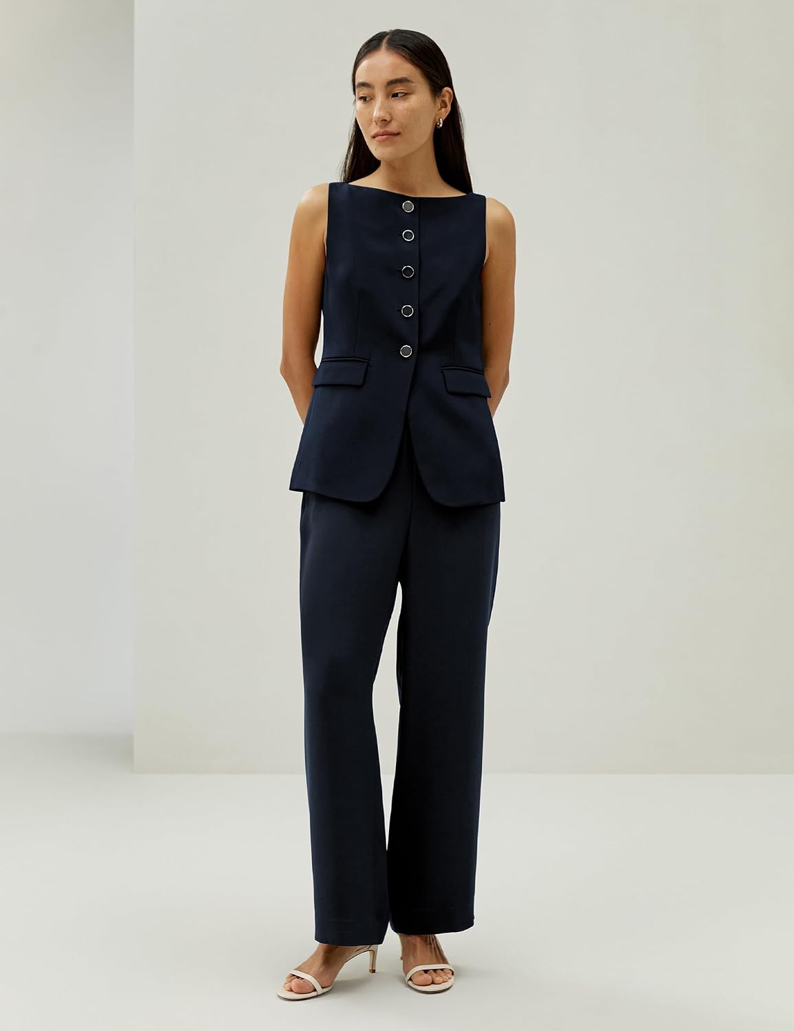 Women's Silk Button Front Blazer Vest Navy Sleeveless Waistcoat