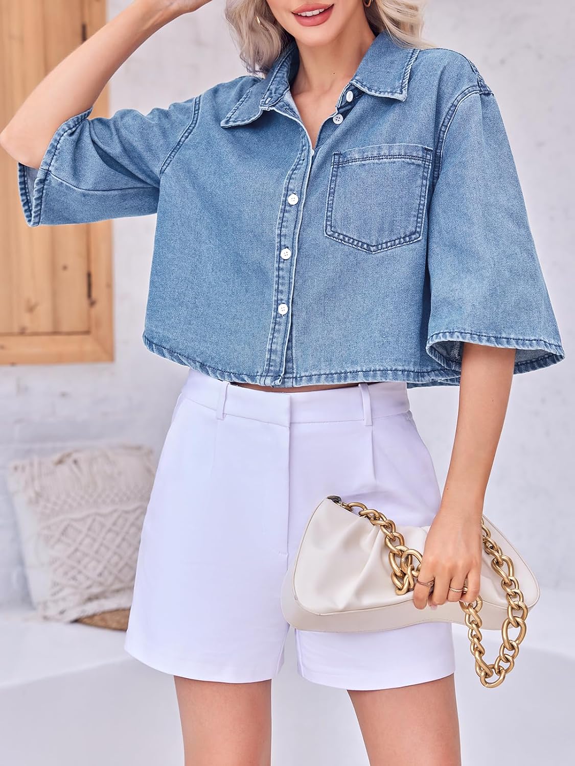 Women's Cropped Denim Shirt Half Sleeve Button Down Women's Cropped Denim Shirt Half Sleeve Button Down