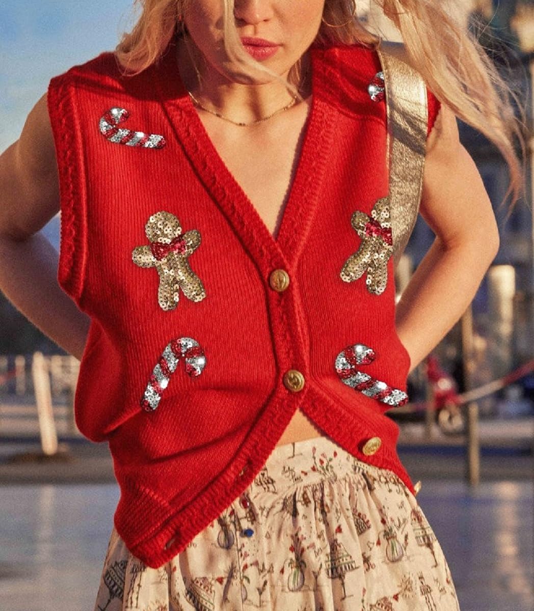 Women's Sequin Gingerbread V Neck Sweater Vest