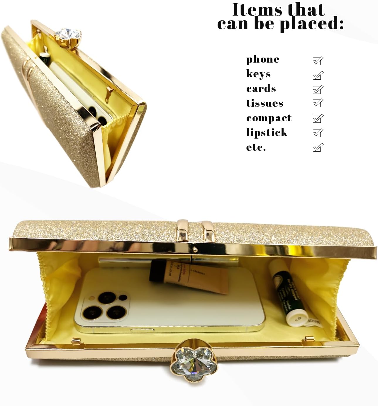 Women's Glitter Evening Clutch Crystal Flower Clasp Purse Gold