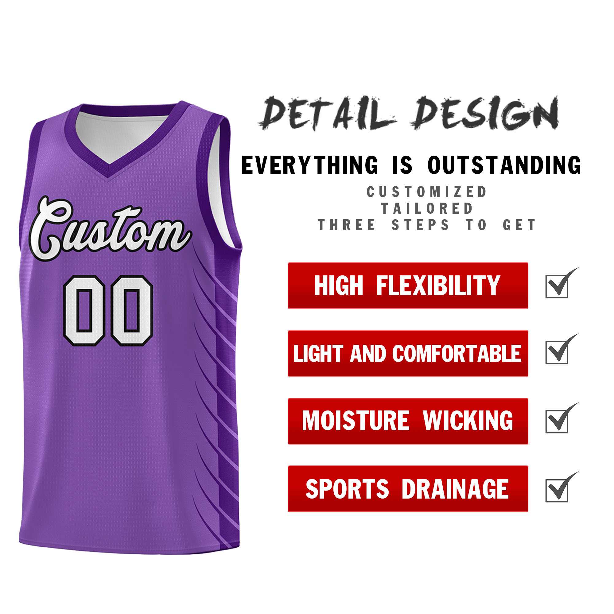 Benutzerdefiniertes helllila lila personalisiertes seitliches symmetrisches Linienmuster Sportuniform-Basketballtrikot