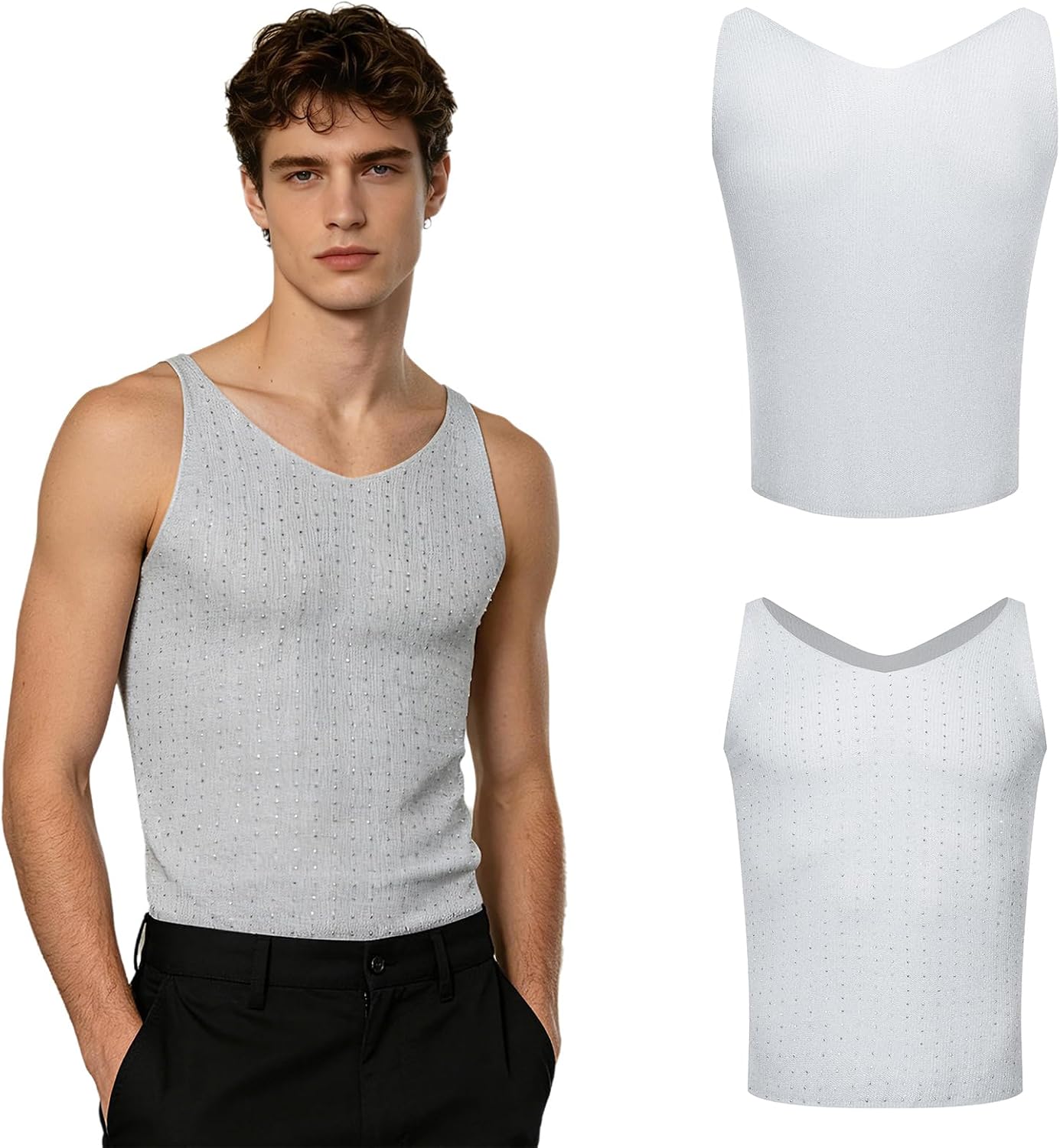 Men's Rhinestone V Neck Tank Top Silver Grey