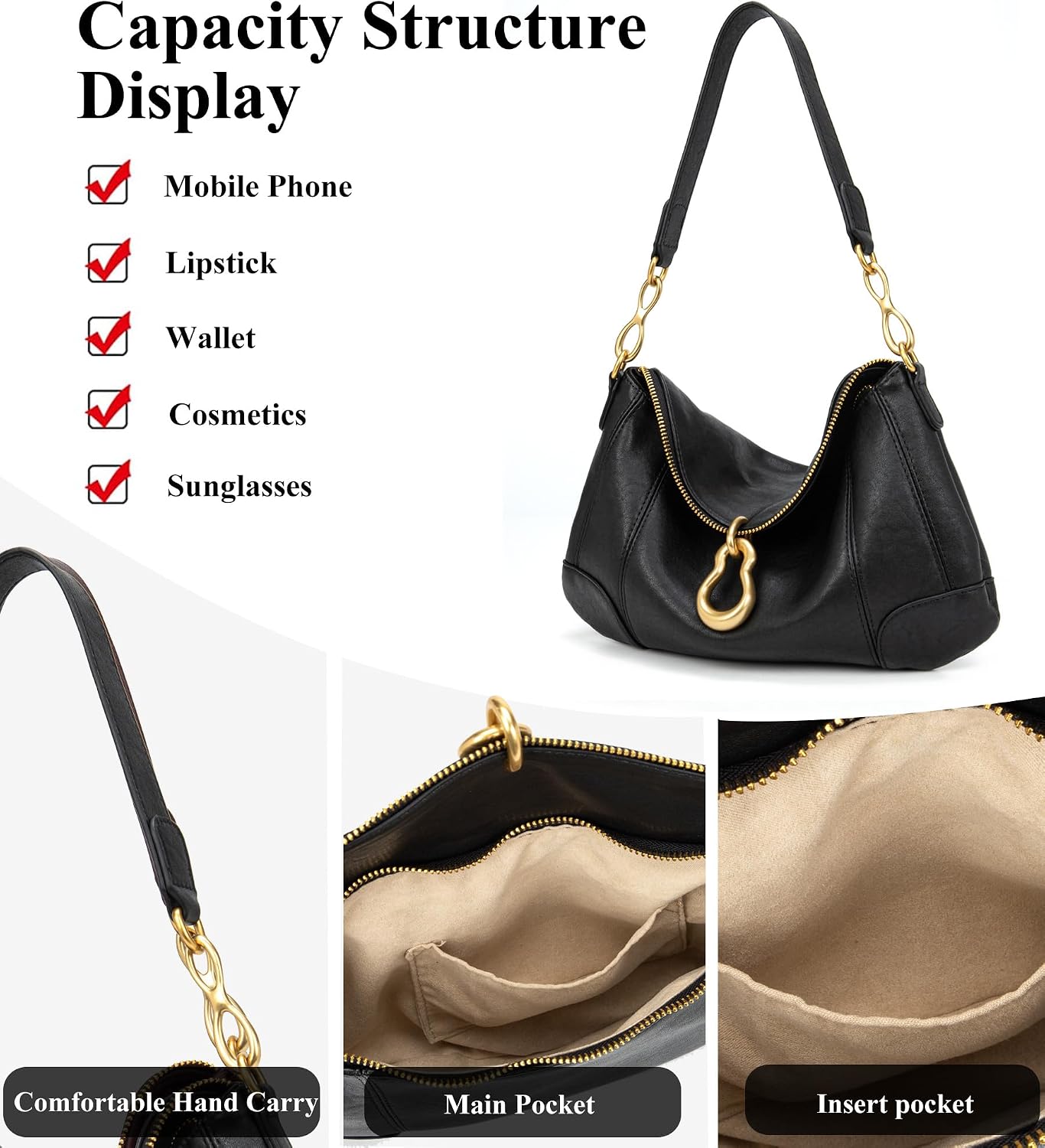 Women's Black PU Hobo Shoulder Bag Gourd Charm