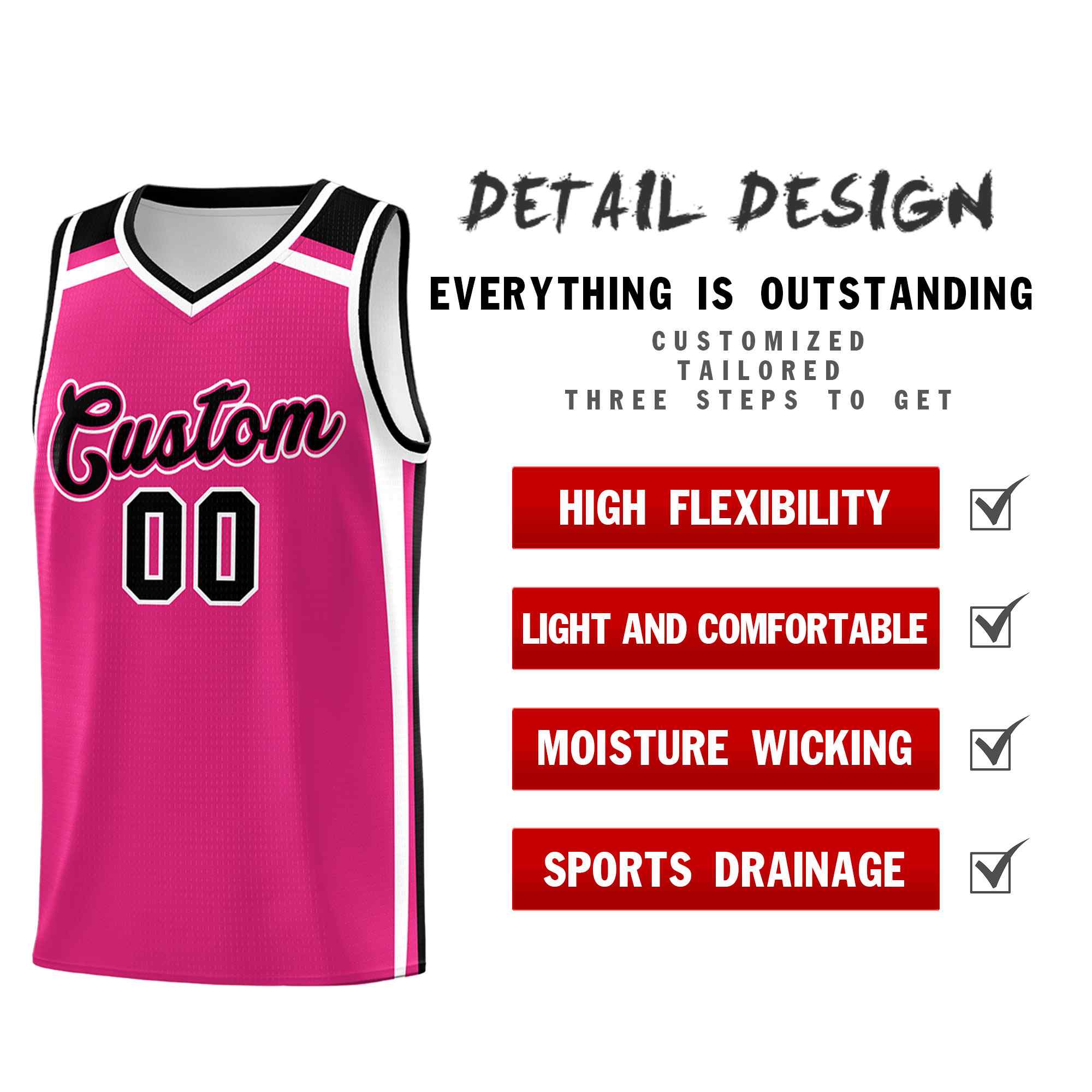 Benutzerdefinierte Rose Rot Schwarz Weiß Trendige Farbe Charge Series Sportuniform-Basketballtrikot