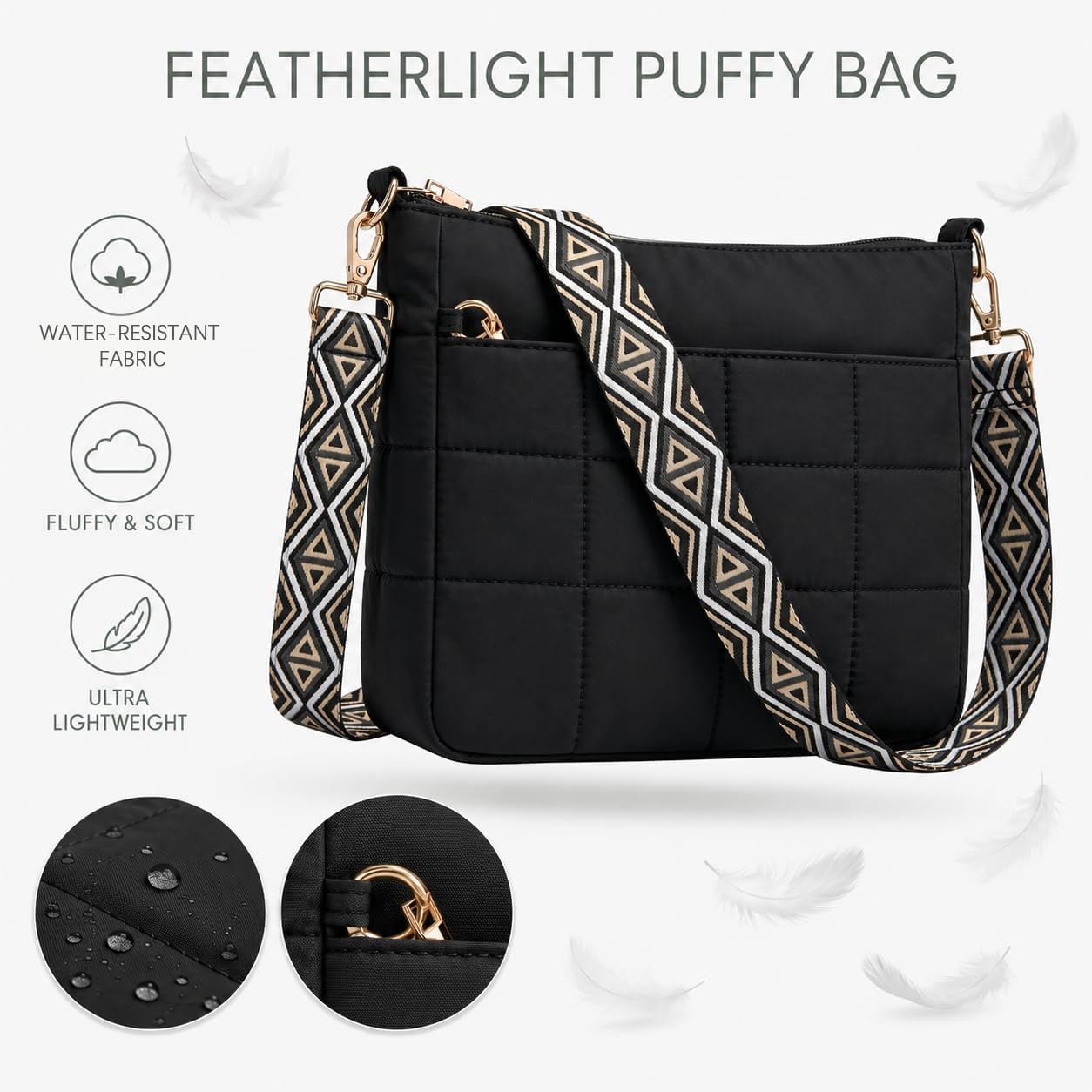 Women's Quilted Puffer Crossbody Bag Wide Guitar Strap Black