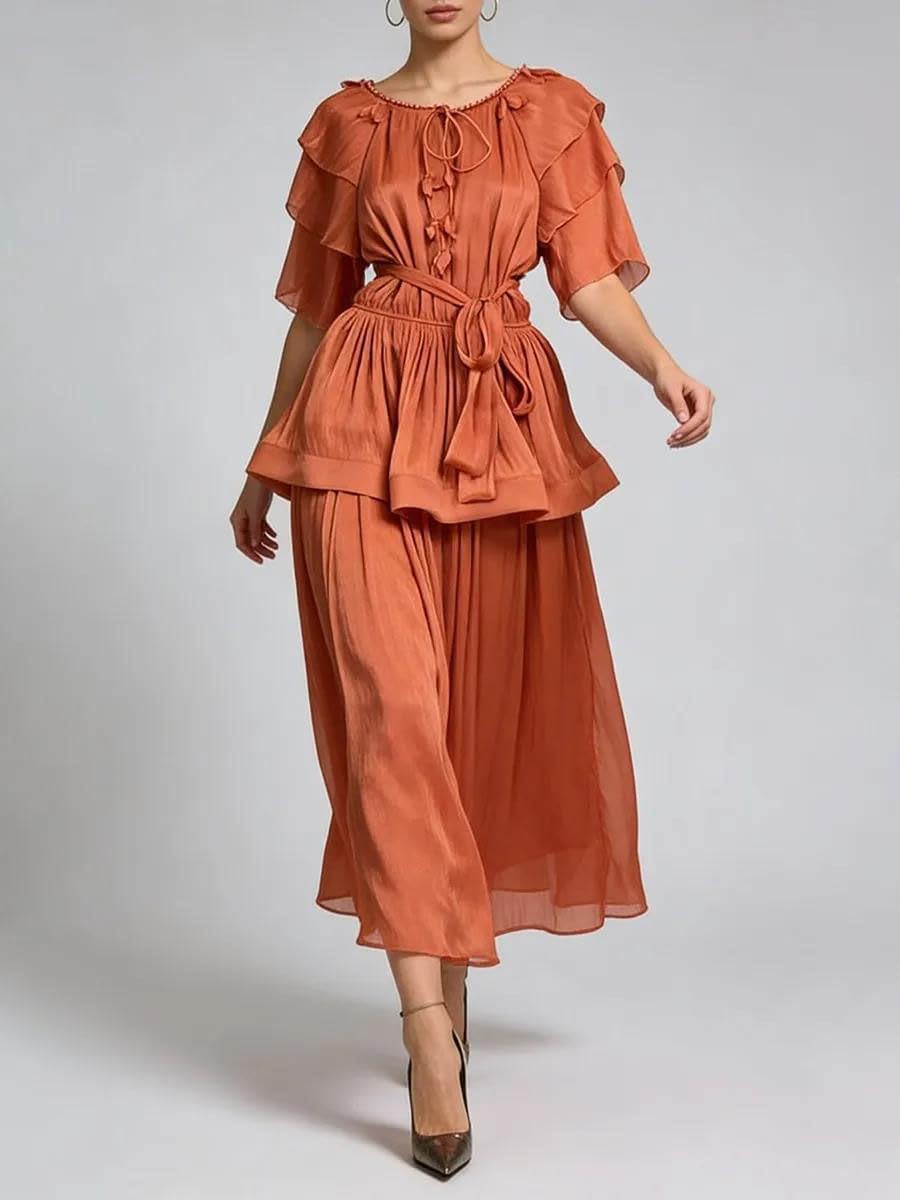 Women's Tiered Maxi Dress Flutter Sleeve Tie Waist Rust