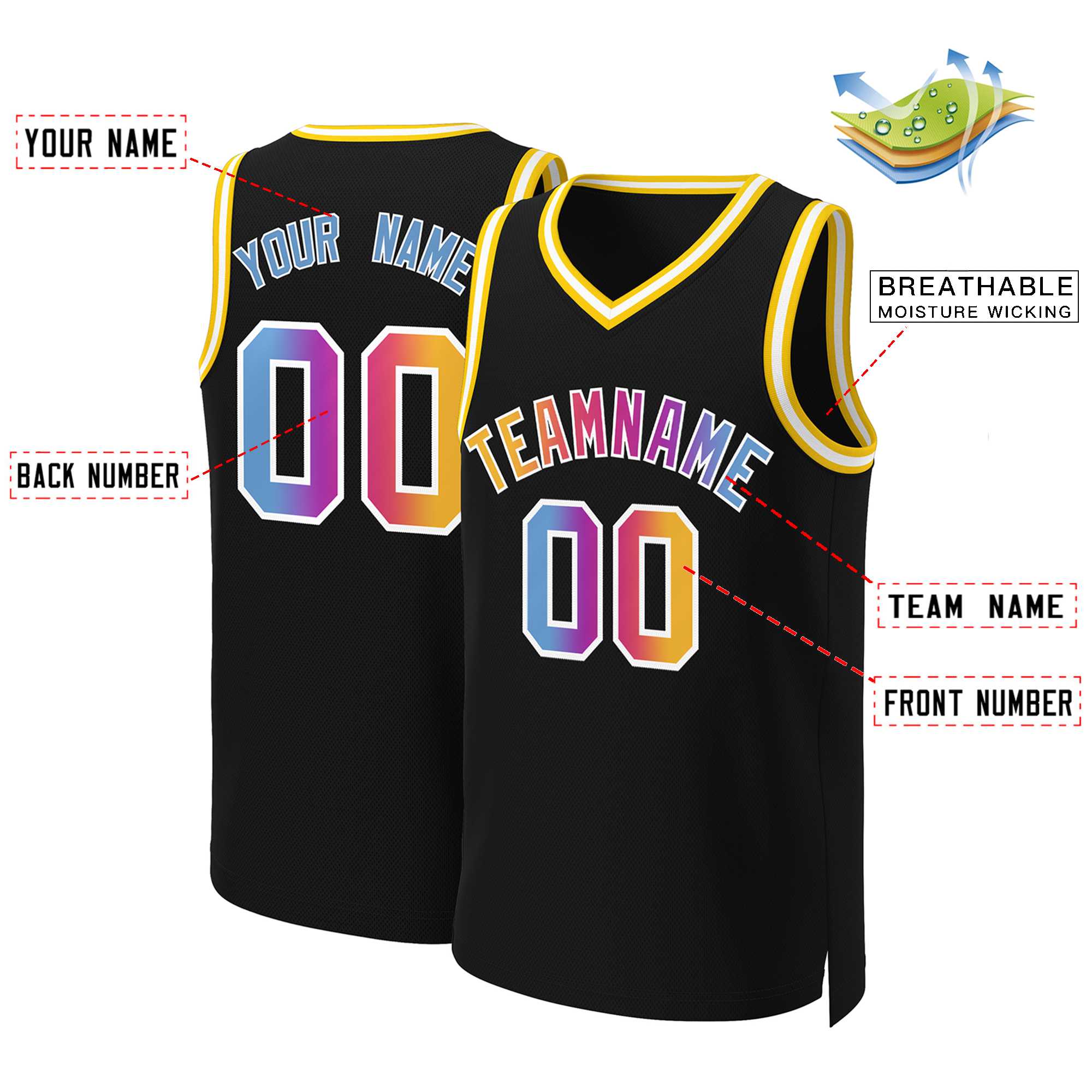 Benutzerdefiniertes Basketballtrikot mit klassischem Farbverlauf und modischen Oberteilen