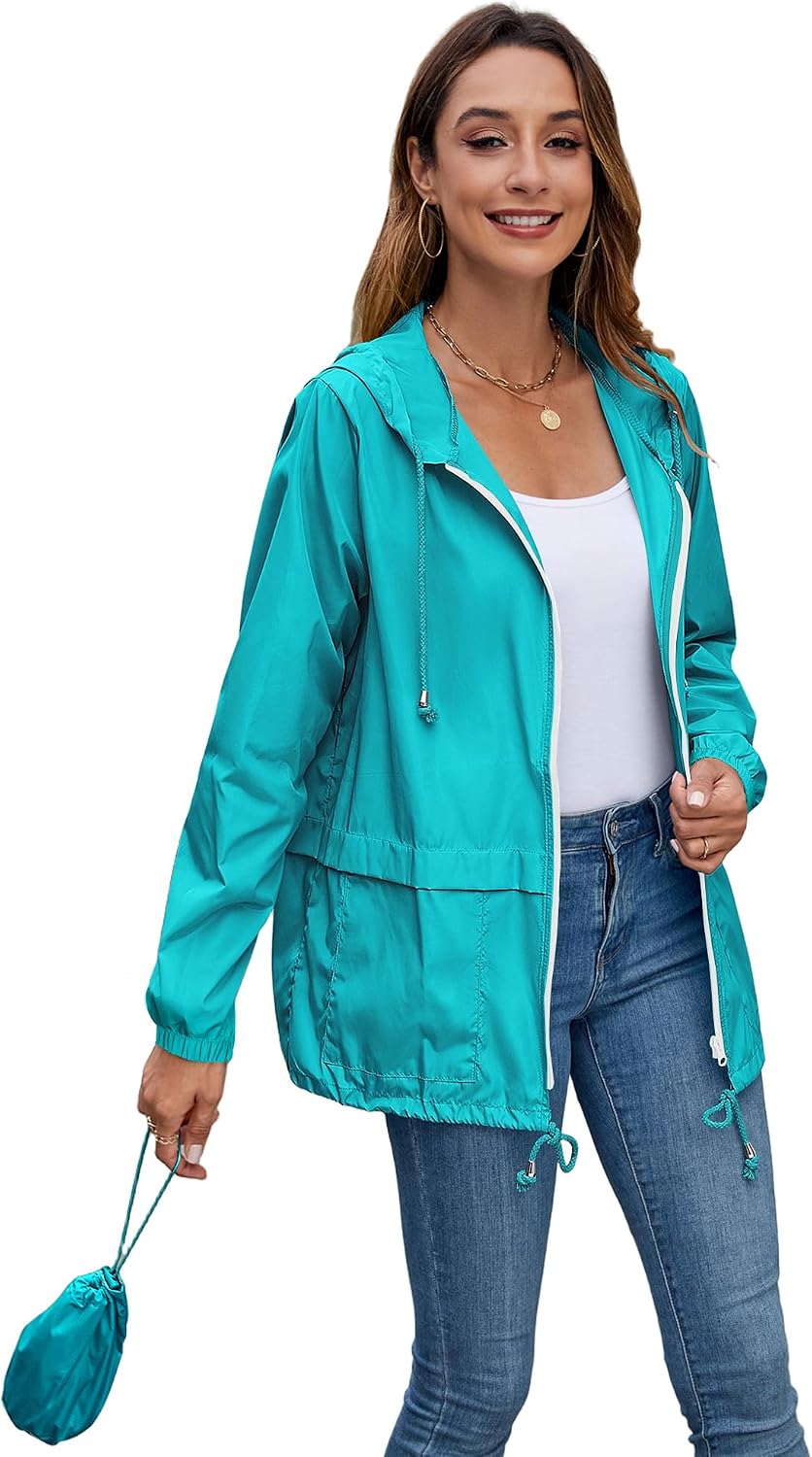 Women's Packable Hooded Rain Jacket Waterproof Teal